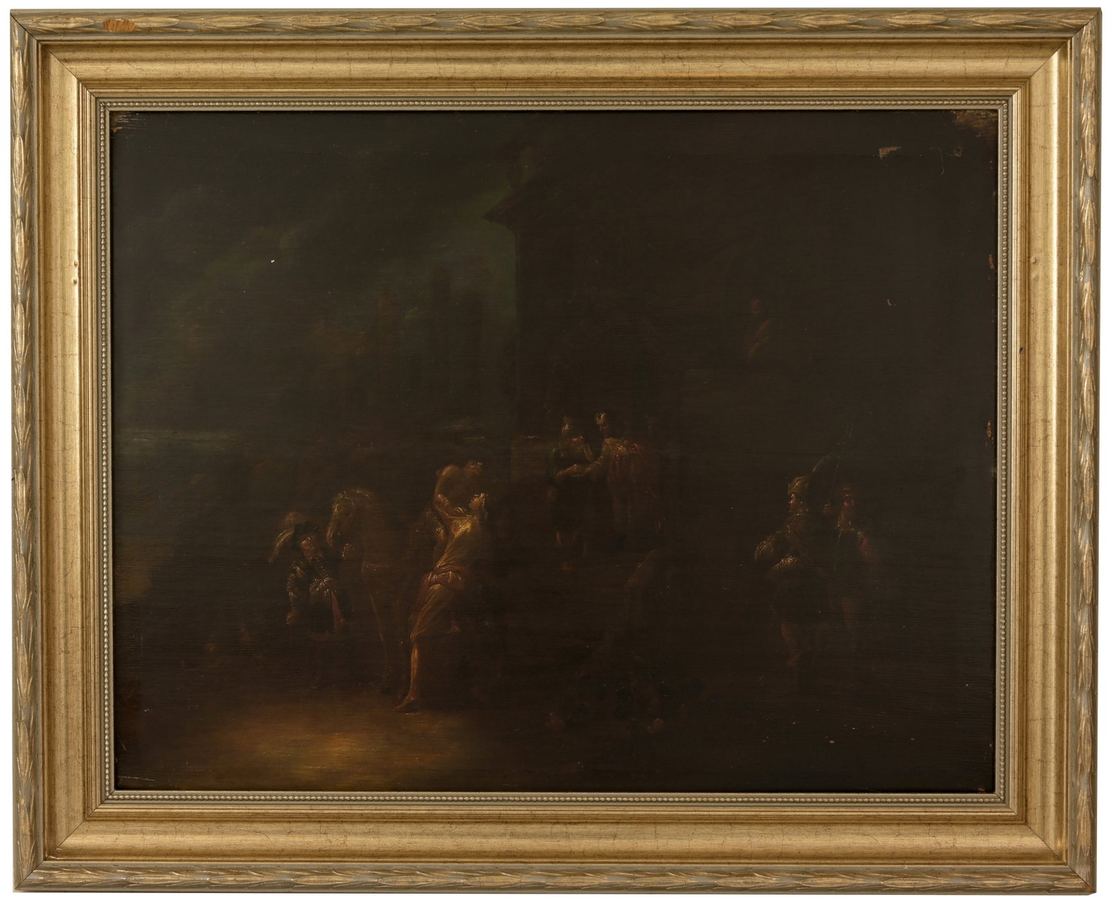 Circle of Leonaert Bramer (1596-1674) Ex Christies: Circle of Leonaert Bramer (Netherlands, Italy 1596-1674) The Good Samaritan Oil on Board. Old label verso. Provenance: Purchased Through Christie's (2010) Sight Size: 23 x 30 in. Overall Framed Size: 