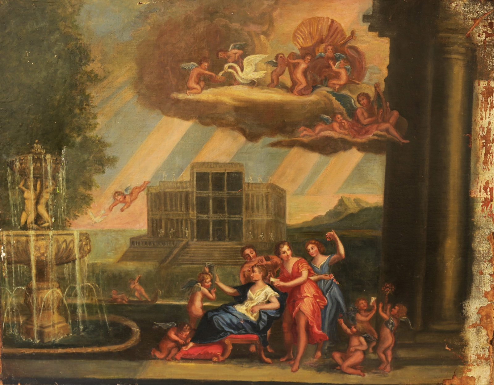 After Francesco Albani (1578 - 1660), Ex Christies: After Francesco Albani (1578 - 1660) "The Toilet Of Venus" Oil on Canvas. Christie's label verso. Size: 27.25 x 35 in. Unframed. Condition: water damage to right edge of painting.