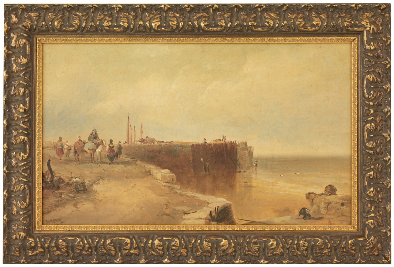 19th C. Continental School by Sam Pyne: 19th C. Continental School by Sam Pyne. Coastal Scene with figures on horseback. Oil on Canvas. Signed lower left. Sight Size: 11 x 19 in. Overall Framed Size: 15.75 x 23.5 in.
