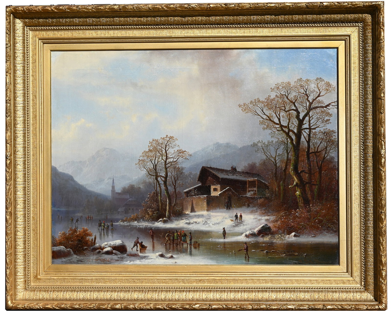 Anton Doll (German, 1826-1887) Large Skating Scene: Anton Doll (German, 1826 - 1887) Winter Scene with Children Skating on a Frozen River. Oil on Canvas. Signed lower right. Housed in a large gilt exhibition frame. Sight Size: 30 x 40 in. Overall Frame