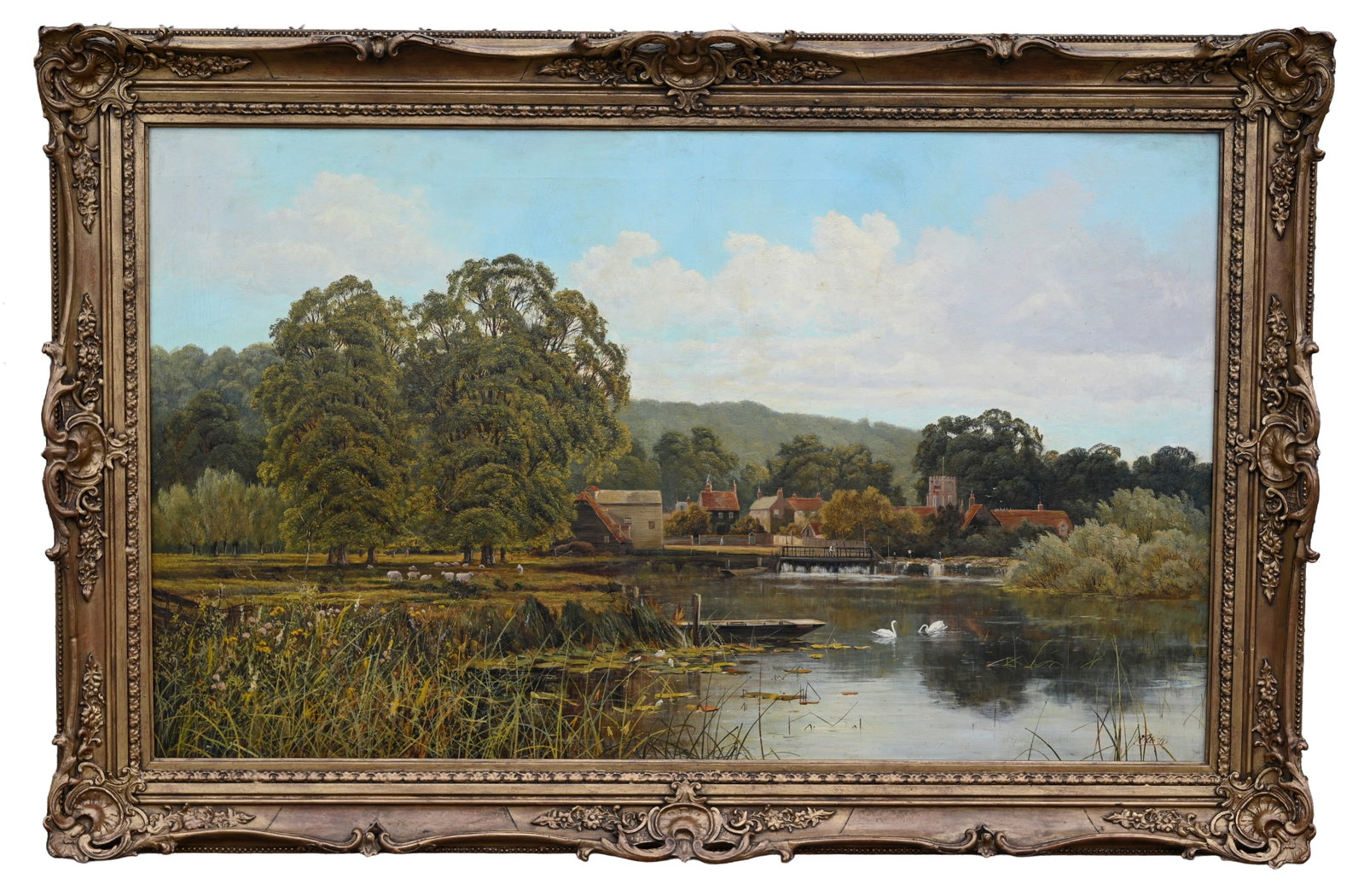 William Herbert Allen (British, 1863 - 1943): William Herbert Allen (British, 1863 - 1943) "Streatley on Thames" Oil on Canvas. Signed lower right. Sight Size: 30 x 50 in. Overall Framed Size: 38.25 x 58.25 x 3.25 in.