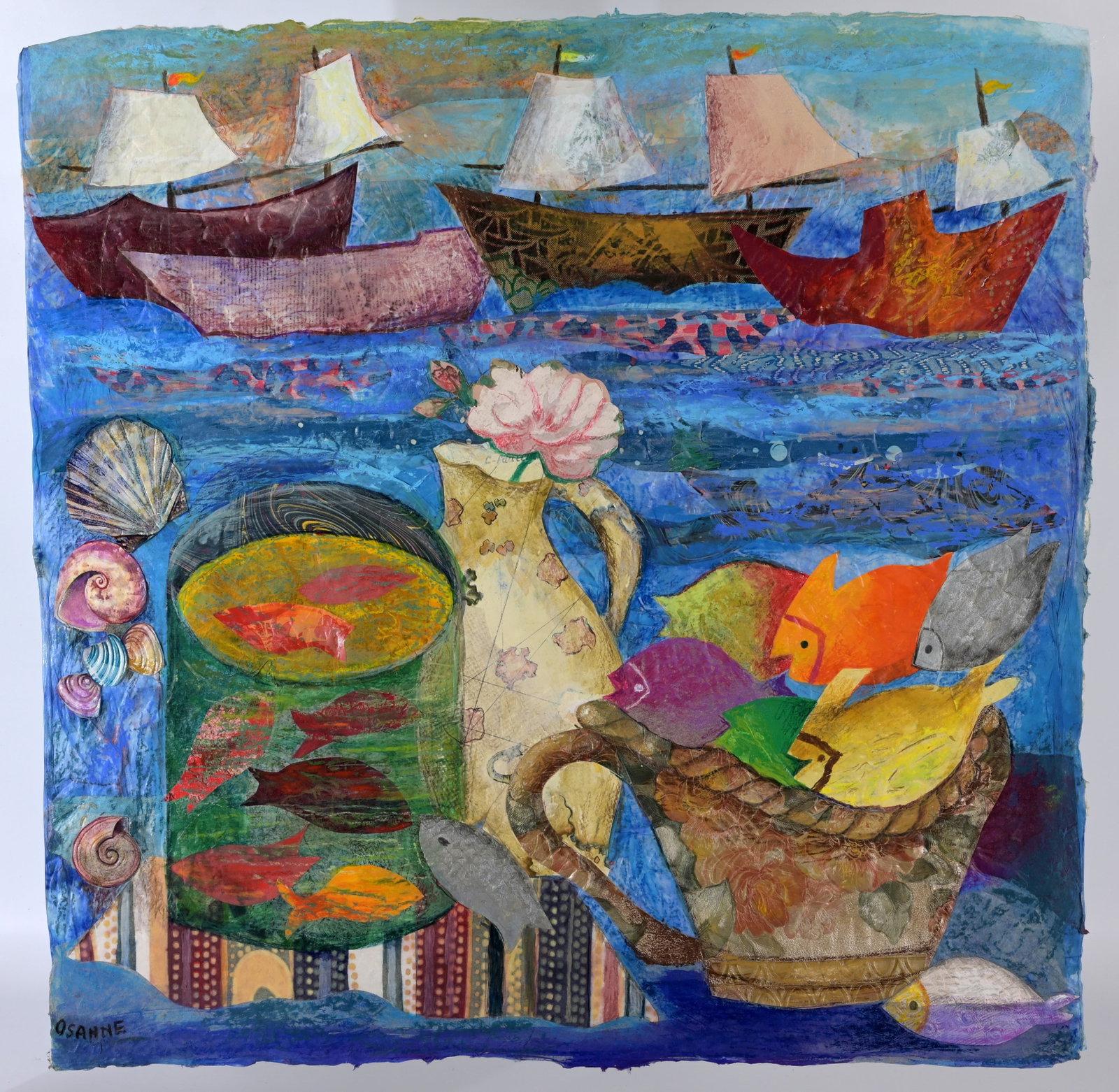 Osanne Negre (French, 1934 - 2020): Osanne Marie Louise Negre (French, 1934 - 2020) "Les Plaisirs De La Mer" Mixed Media Collage on Paper. Signed lower left. Titled and signed verso. Sight Size: 19.5 x 20 in. Overall Framed Size: 30 x 3