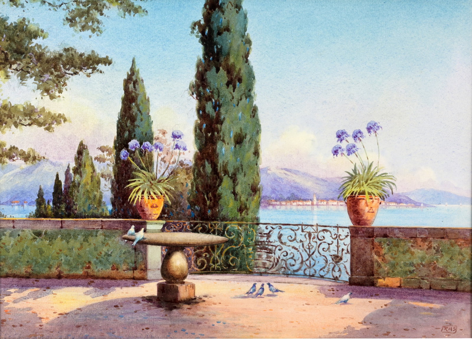 Antique Italian School Watercolor, Signed: Antique Italian School Watercolor. Pallanza from Isola Bella, Lake Maggiore, Italy Watercolor. Initialed lower right. Sight Size: 9.5 x 13.5 in. Overall Framed Size: 19.25 x 23.25 in. Framed behind gl