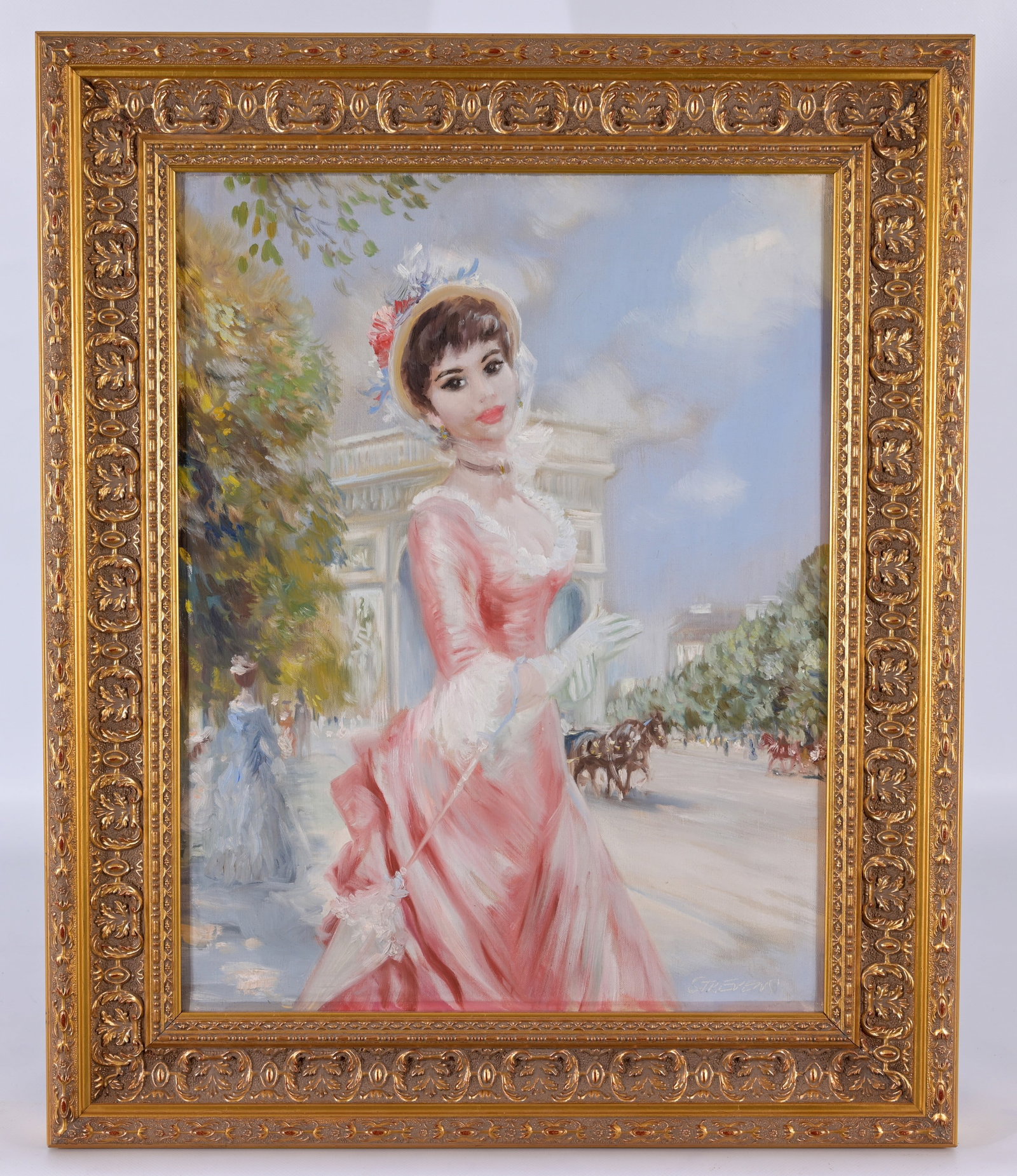 John Strevens (British, 1902 - 1990): John Frederick Lloyd Strevens (British, 1902 - 1990) "La Dame a la Robe Rouge" Oil on Canvas. Signed lower right. Sight Size: 17.5 x 13.5 in. Overall Framed Size: 23.25 x 19.25 in.