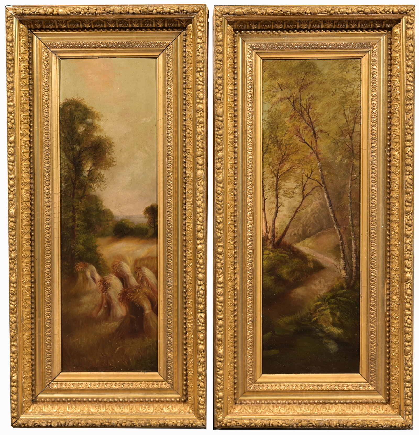Pair of 19th C. American School Landscapes: Pair of 19th C. American School Landscapes. Oil on Tin. Both appear to be unsigned. Sight Sizes: 22 x 7.5 in. Overall Framed Sizes: 29 x 14.5 in.
