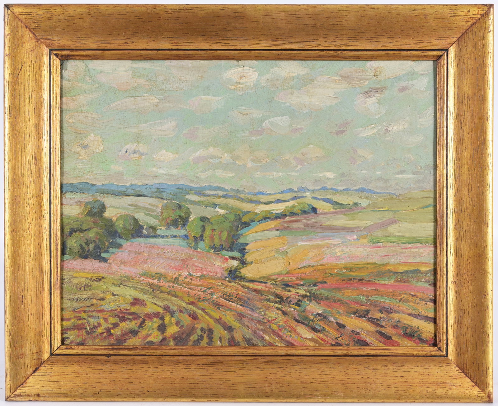 Augustus Dunbier (Nebraska, 1888 - 1977): Augustus Dunbier (Nebraska, 1888 - 1977) Impressionist midwest landscape painting. Oil on board. Signed lower left. With Salmagundi Club exhibition label verso. Sight Size: 11 x 14 in. Overall Framed