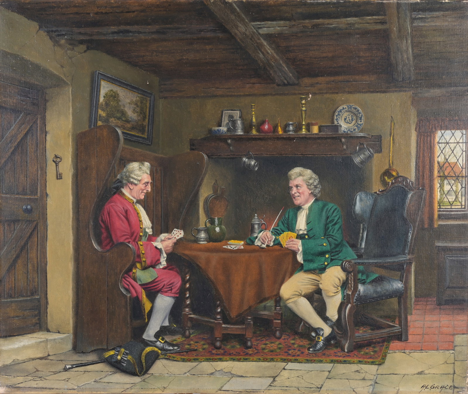 Alfred Lyndon Grace (1867 - 1949): Alfred Lyndon Grace (1867 - 1949) Interior painting of gentlemen playing cards. Oil on canvas. Signed lower right. Size: 20 x 24 in. Unframed.
