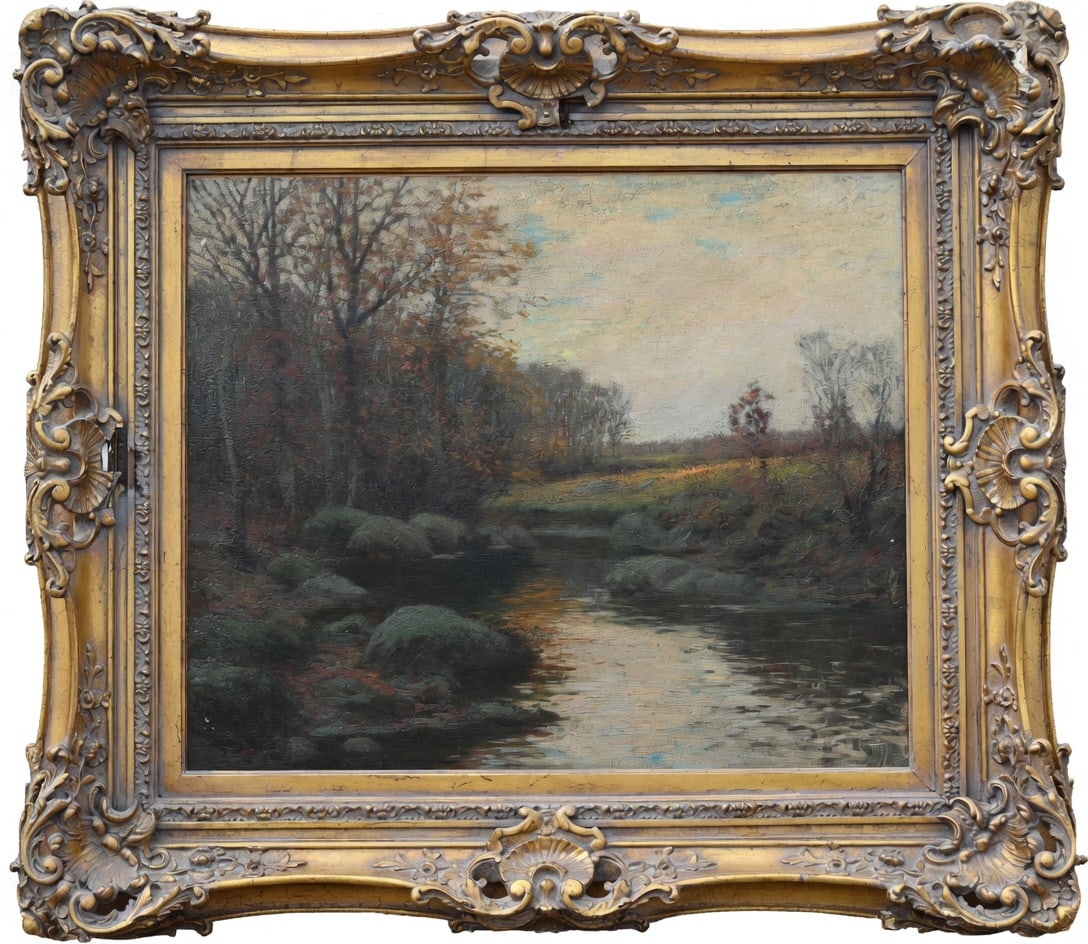 William Merritt Post (New York, 1856 - 1935): William Merritt Post (New York, 1856 - 1935) Large painting of a landscape with a river. With yellow wildflowers blooming in the distance. Oil on Canvas. Signed lower left. Housed in a later-added con