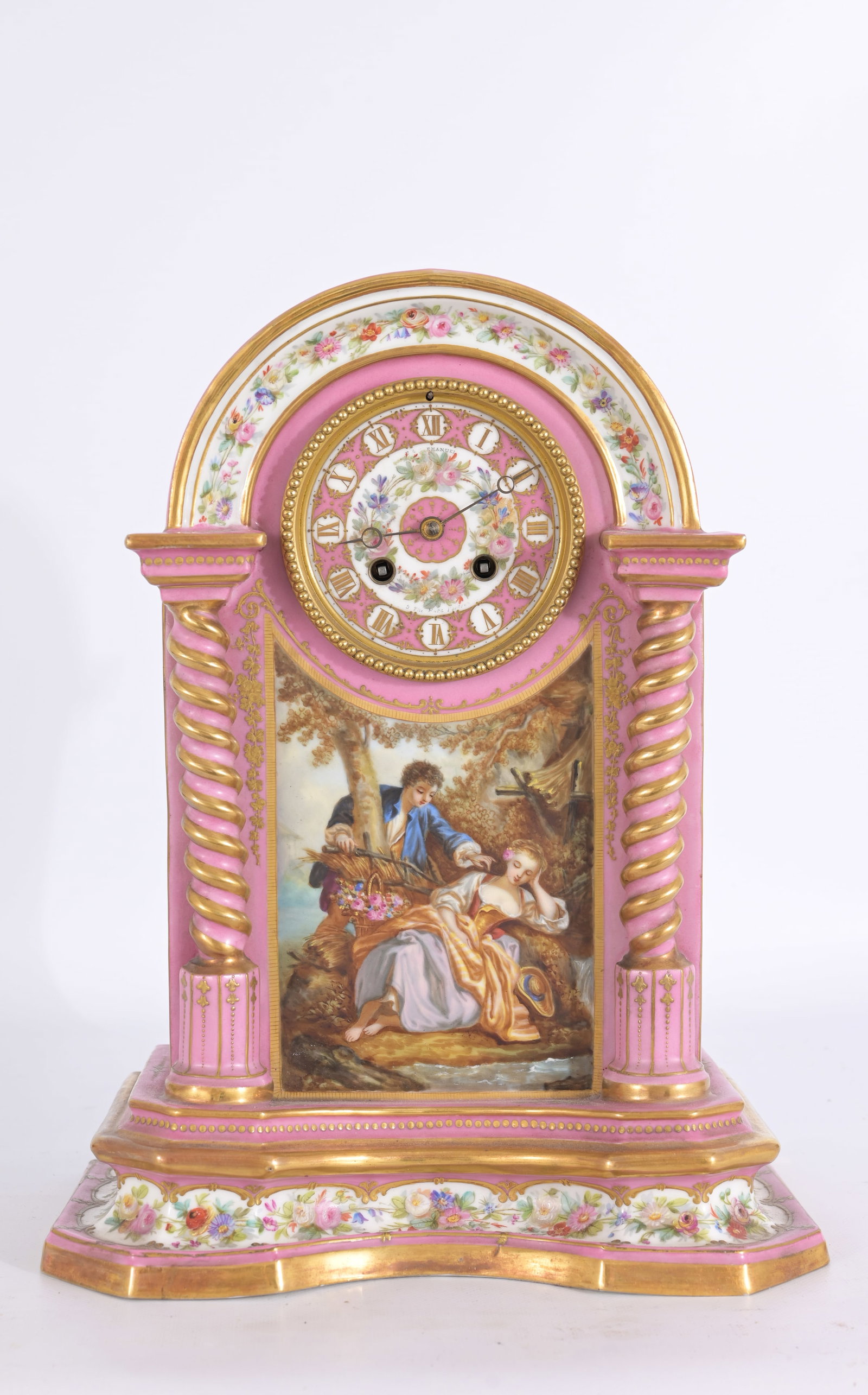 Antique French Sevres Porcelain Clock: Antique French Sevres Porcelain Clock. Marked on base. Needs restoration (back corner). Overall Dimensions: 13.5 x 10.5 x 7 in. - Clocks are sold for display purposes only, we do not guarentee working