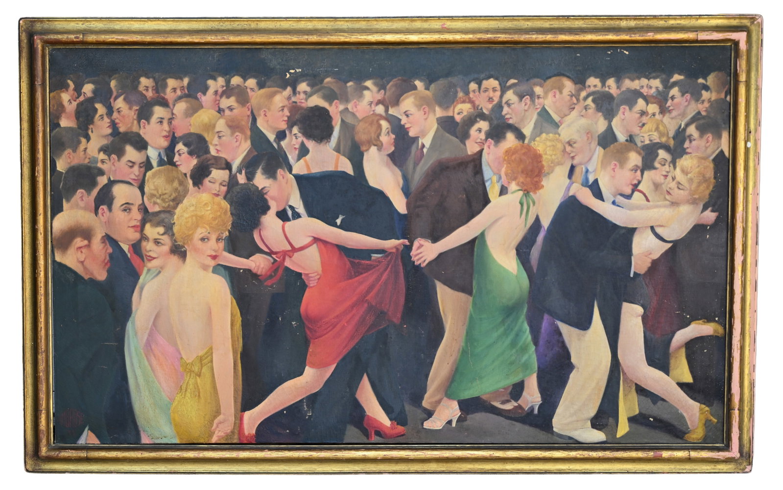 Lester Ambrose - "Dime a Dance" 36 x 59 in.: Lester Ambrose (American, 1879 - 1949) "Dime a Dance" Oil on Canvas. Signed and dated ('35) lower left. Artist label verso. Sight Size: 32 x 54 in. Overall Framed Size: 36.75 x 59 in. Condition: would