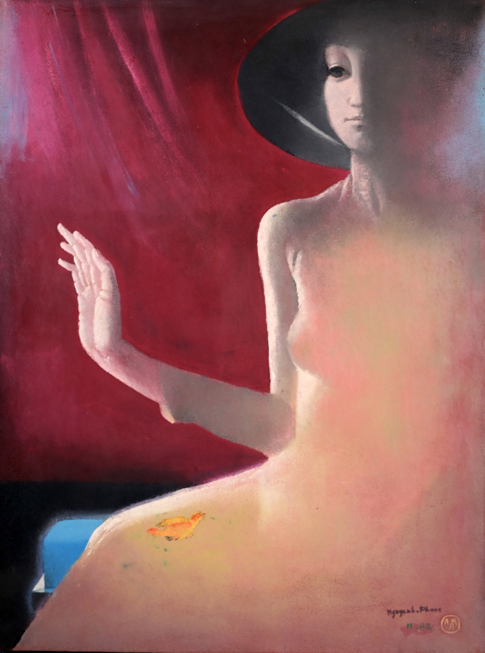 Nguyen Phuoc (Vietnamese, B. 1943): Nguyen Phuoc (Vietnamese, B. 1943) "Young Woman and Baby Bird" Lacquered Panel. Provenance: Purchased directly from the artist. Signed lower right. Size: 32 x 24 in.