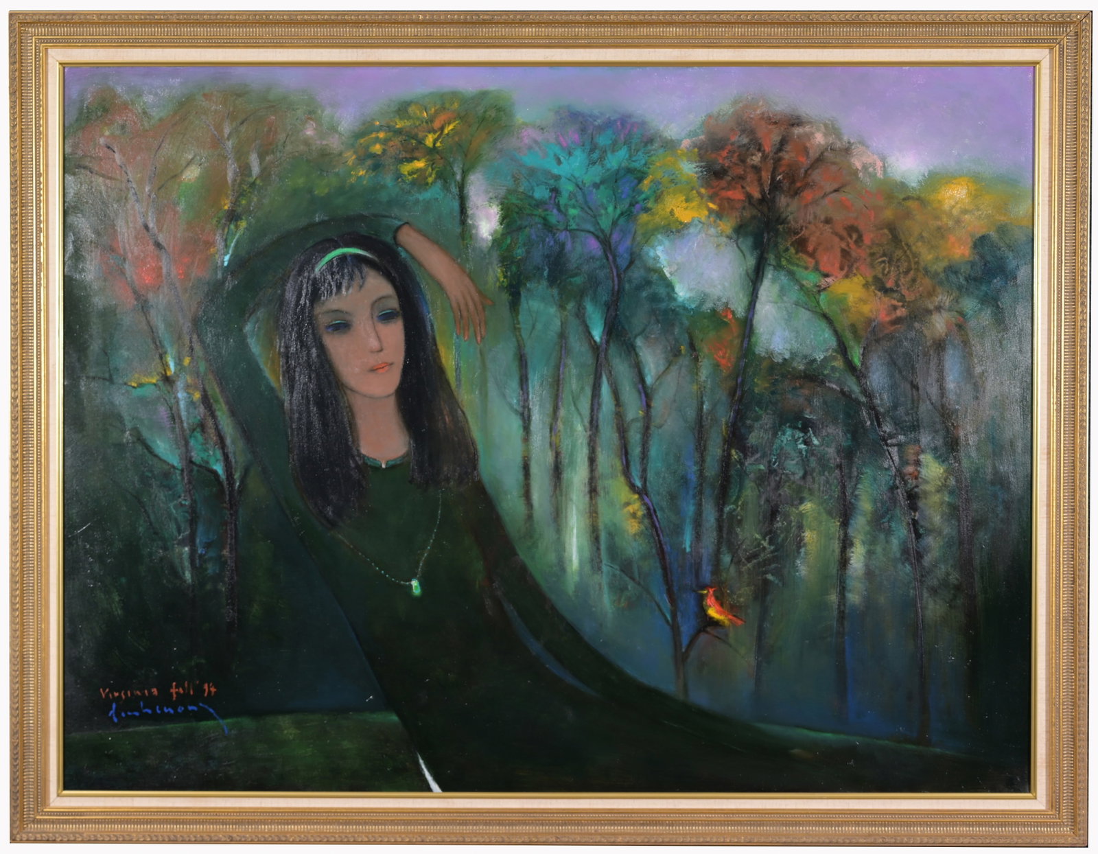 Dinh Cuong (Vietnamese, 1939 - 2016): Dinh Cuong (Vietnamese, 1939 - 2016) "Virginia Fall" Oil on Canvas. Signed lower left. Sight Size: 35.5 x 47.5 in. Overall Framed Size: 40.5 x 53 in.