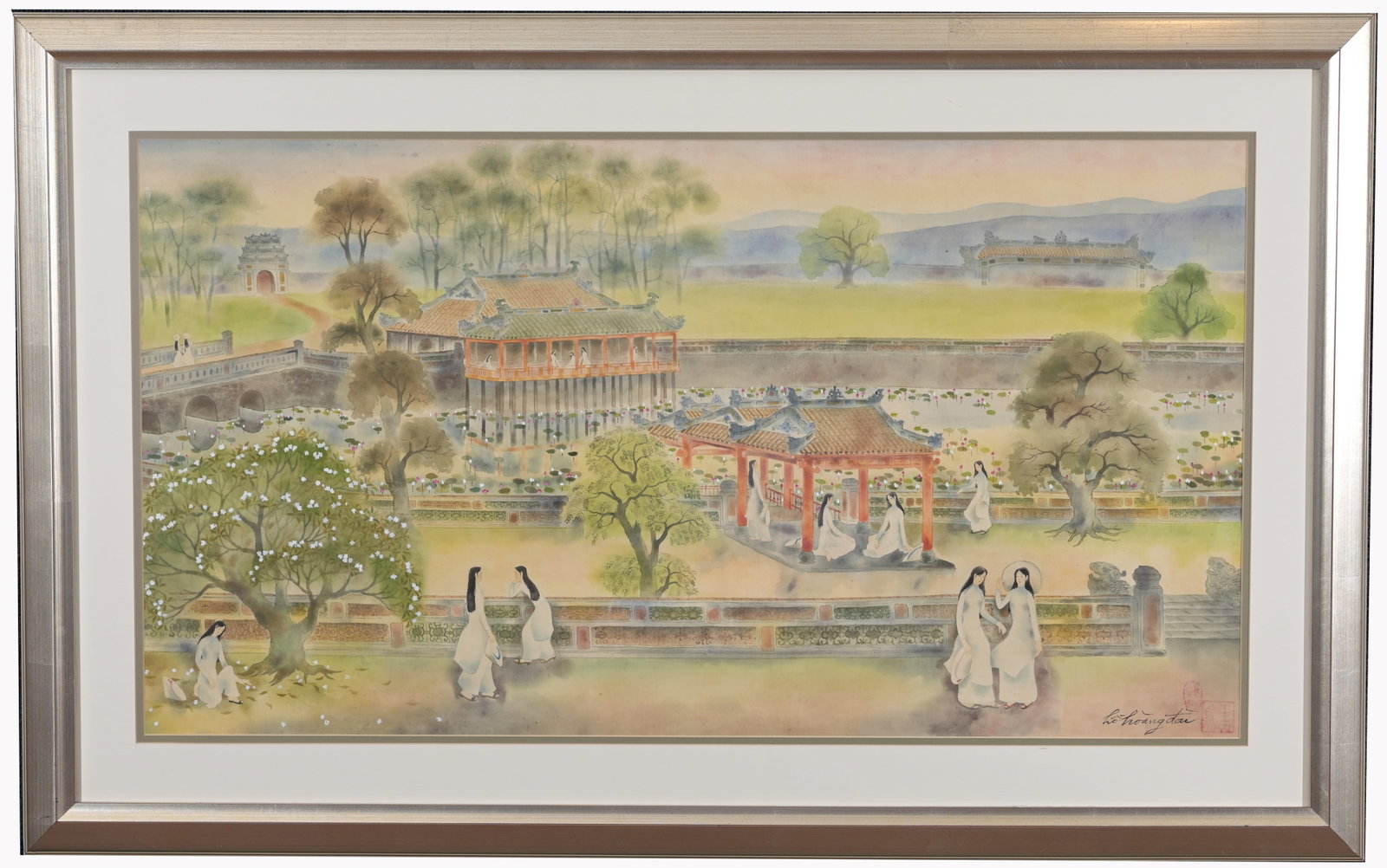 Ho Hoang Dai (Vietnamese, B. 1937): Ho Hoang Dai (Vietnamese, Born 1937) "Imperial City of Hue" Watercolor on Silk. Signed lower right. Sight Size: 19 x 35 in. Overall Framed Size: 27 x 43 in. Framed behind glass.