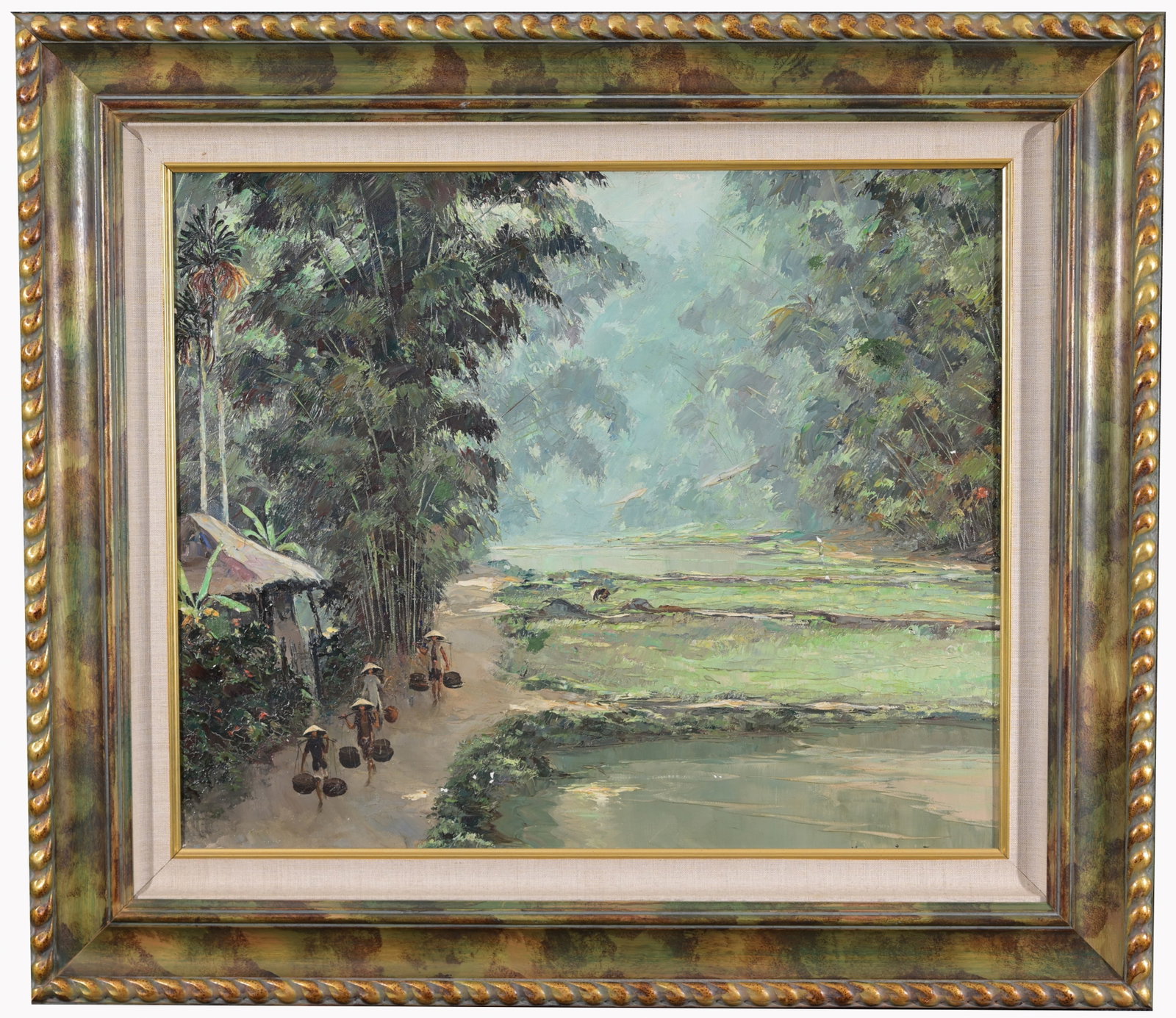Henri Mege (France, Vietnam, 1904 - 1984): Henri Mege (France, Vietnam, 1904 - 1984) "Morning in the rice fields" Oil on Canvas. Signed lower right. Inscribed verso on canvas. Sight Size: 18.5 x 22.5 in. Overall Framed Size: 27 x 31 in.