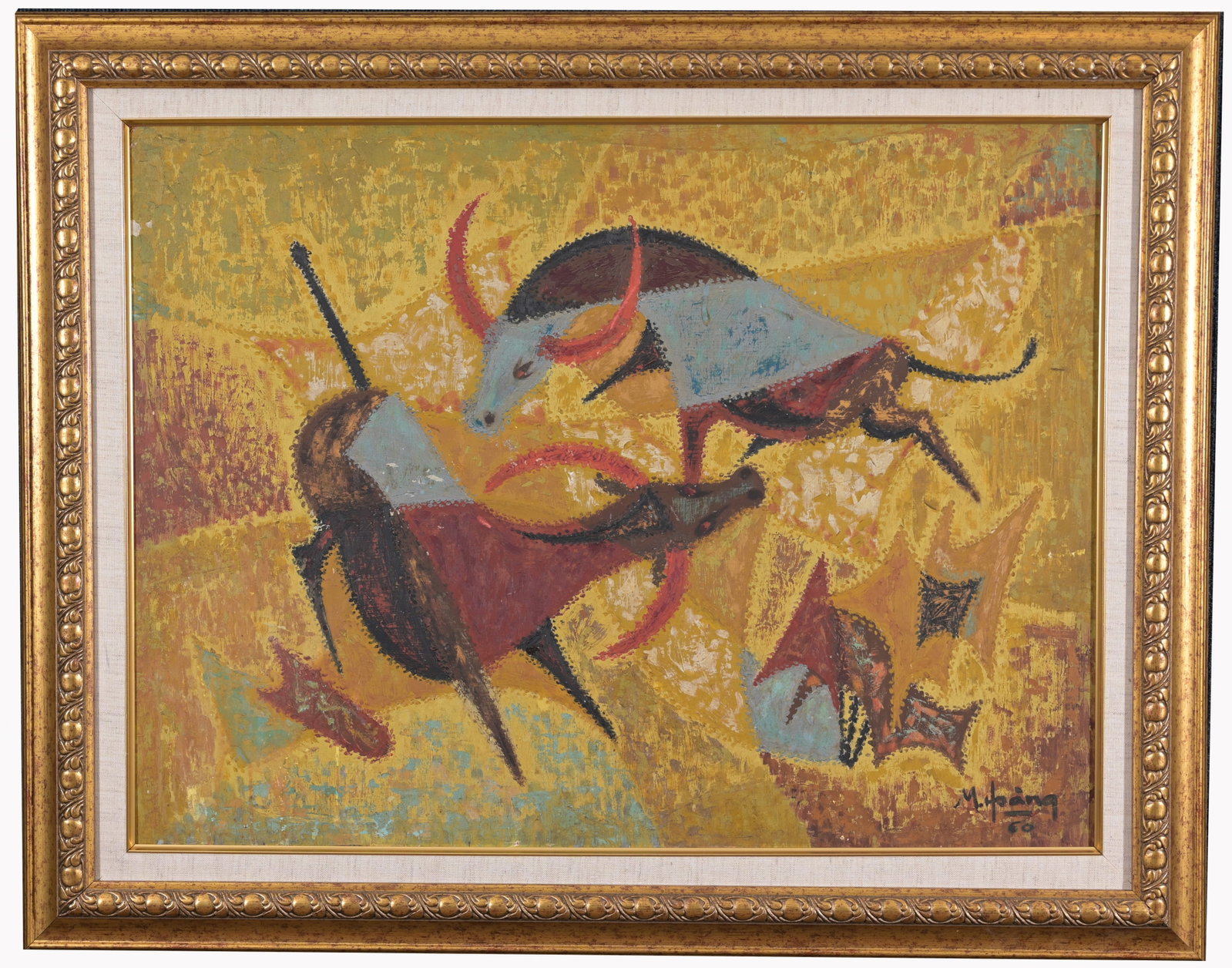 M Hoang, 1960 Vietnamese Painting: M Hoang, 1960 Vietnamese Painting. Oil on Board. Signed and dated ('60) lower right. Provenance: Private Washington DC collection. Sight Size: 23 x 31 in. Overall Framed Size: 30 x 38 in.