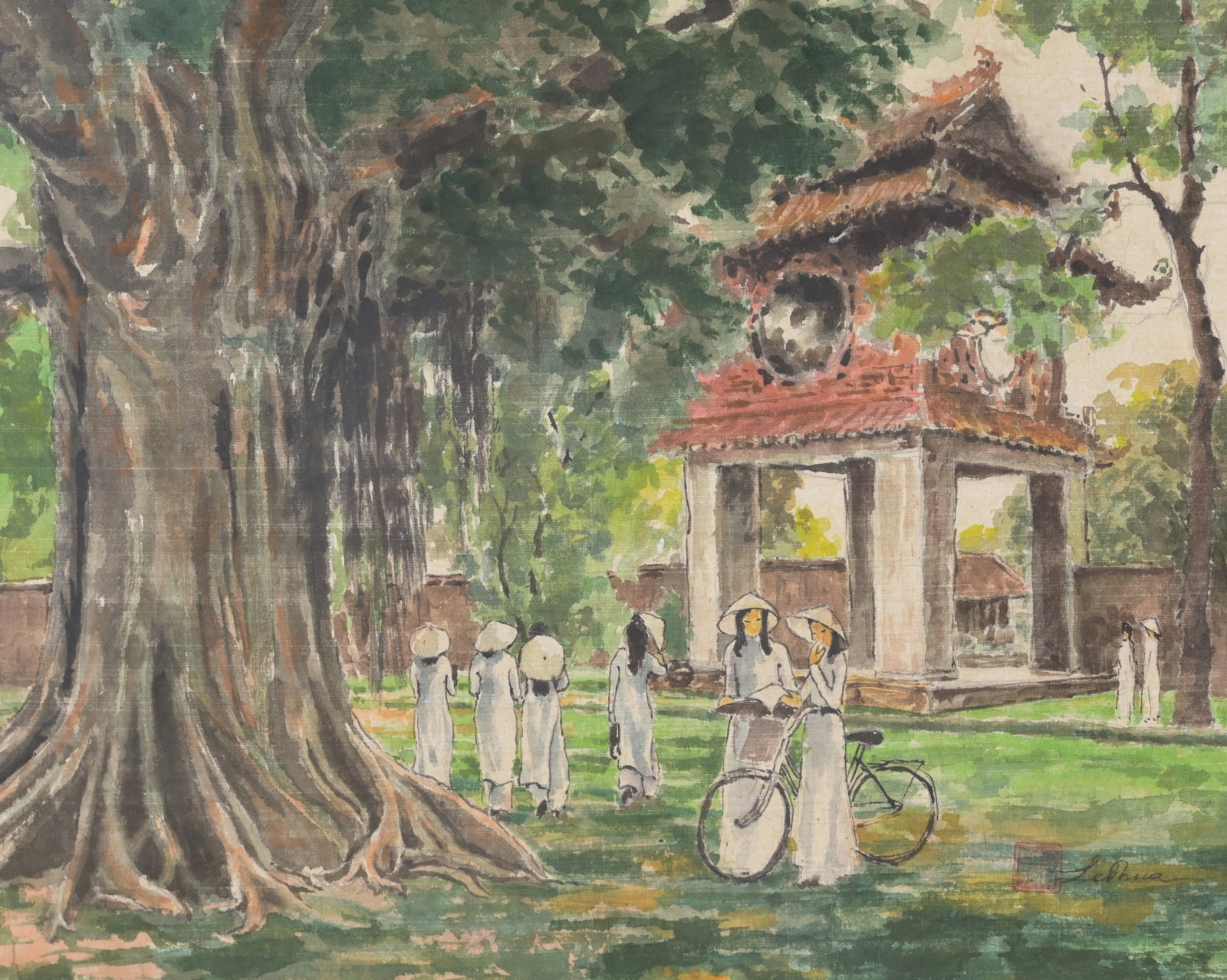 Le Thua (Vietnamese, B. 1938): Le Thua (Vietnamese, B. 1938) "Pavilion of the Constellation of Literature" Watercolor. Signed lower right. Sight Size: 14.5 x 18.5 in. Overall Framed Size: 22.5 x 26.5 in. Framed behind glass.