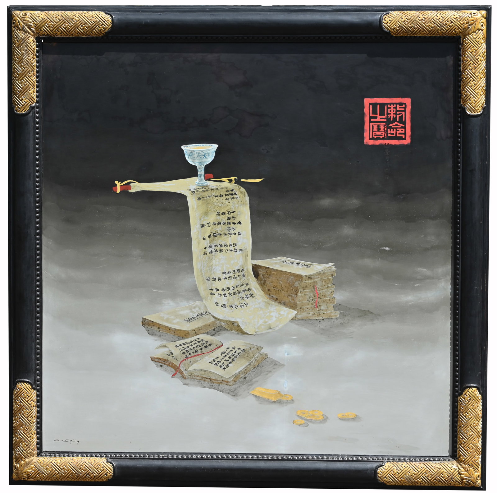 Bui Huu Hung (Vietnam, Born 1957) 48 x 48 Lacquer: Bui Huu Hung (Vietnam, Born 1957) Lacquered Panel. Signed lower left. Housed in the original elaborate frame. Provenance: Acquired directly from the artist. Panel Size: 48 x 48 in. Overall Framed Size