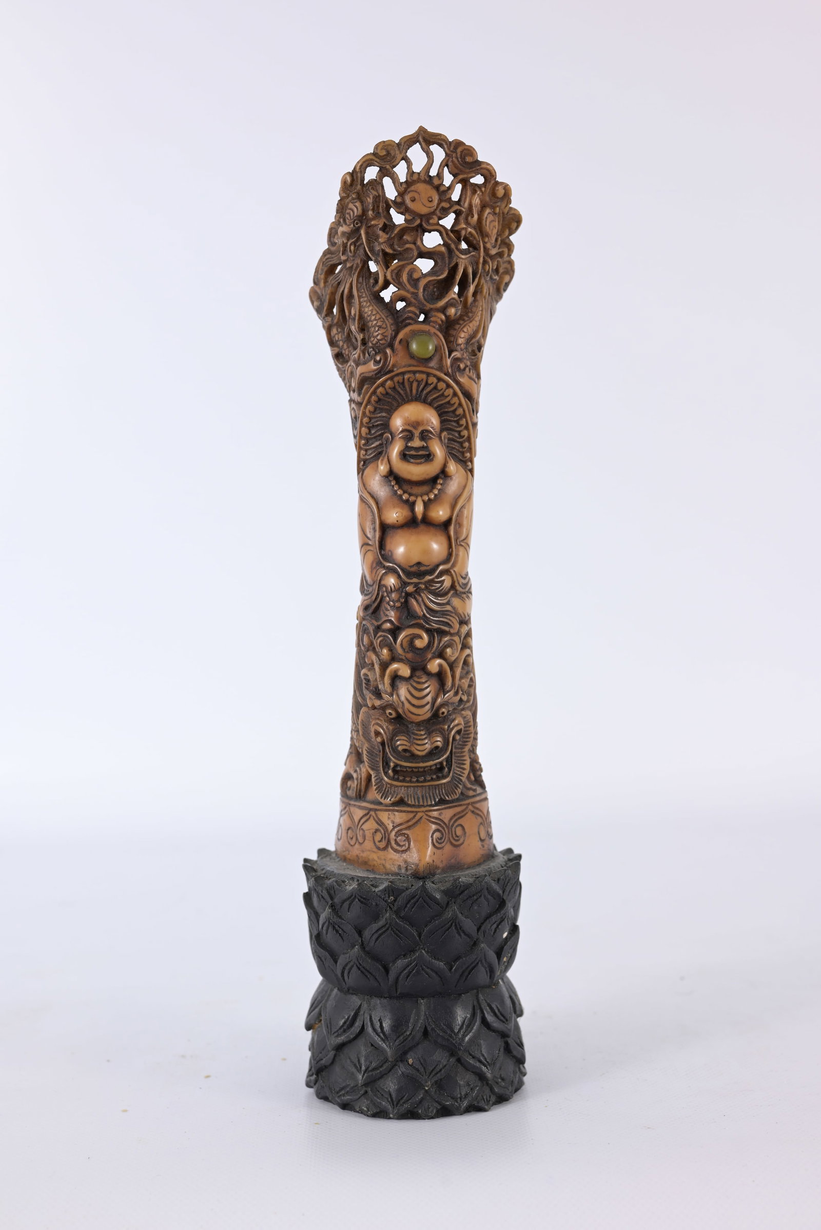 Chinese Carved Laughing Buddha Figure: Chinese Carved Laughing Buddha Figure. Height: 12 in.