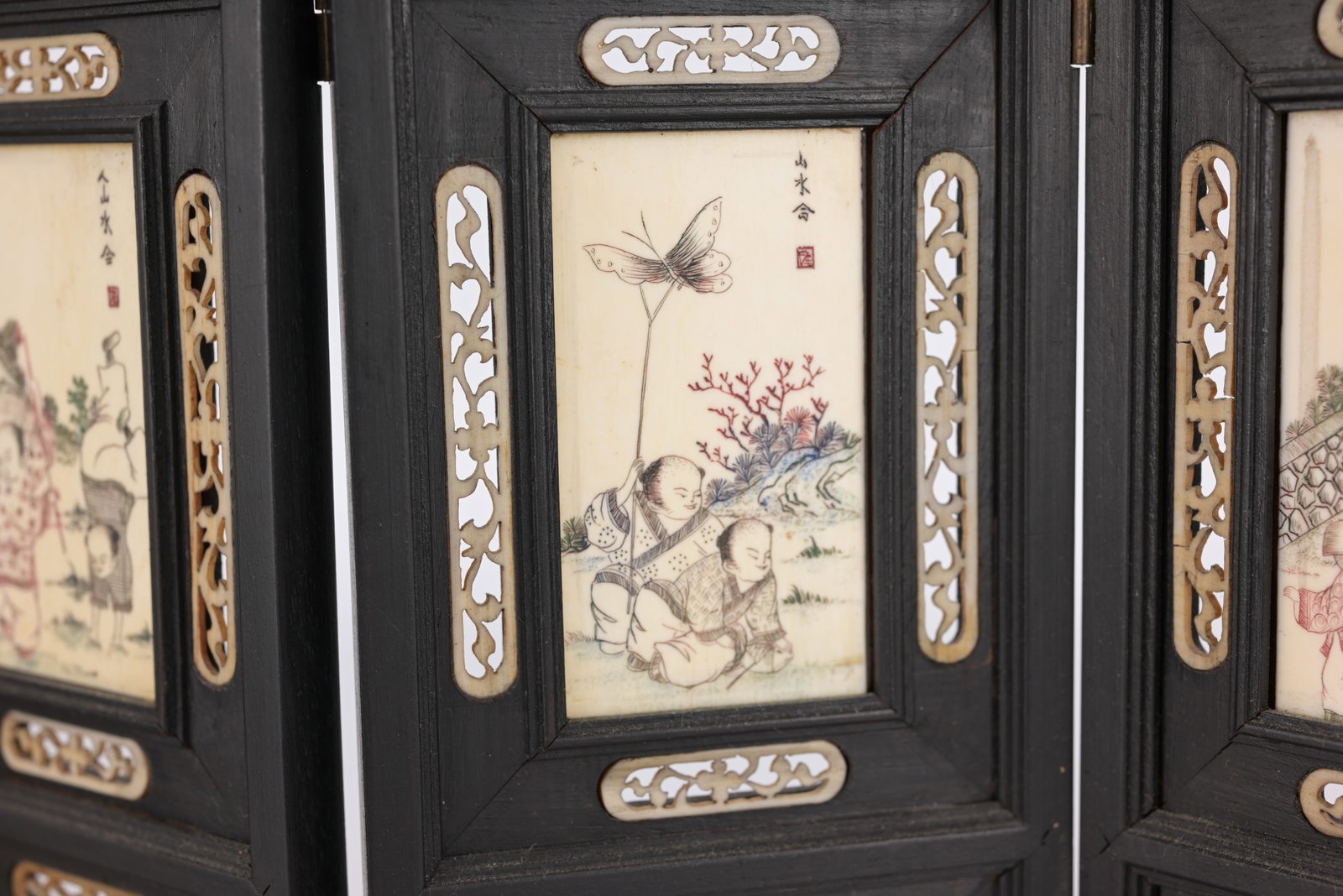 Chinese 4-Panel Bone Inlaid Table Screen - 5