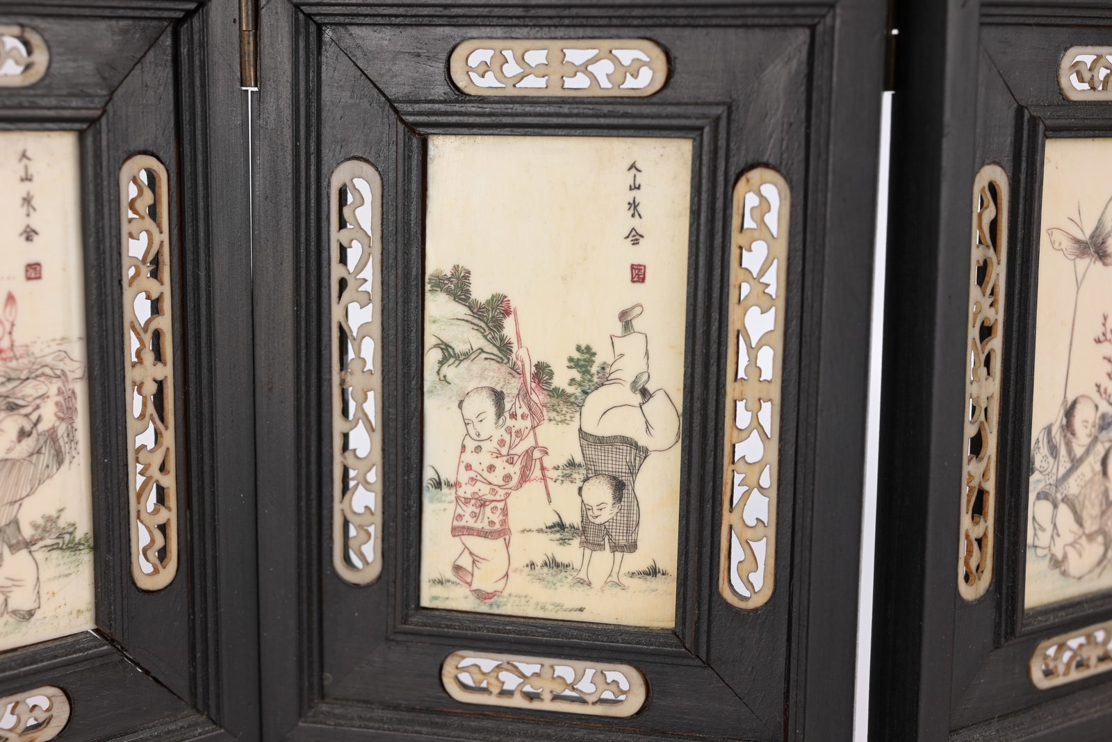Chinese 4-Panel Bone Inlaid Table Screen - 6