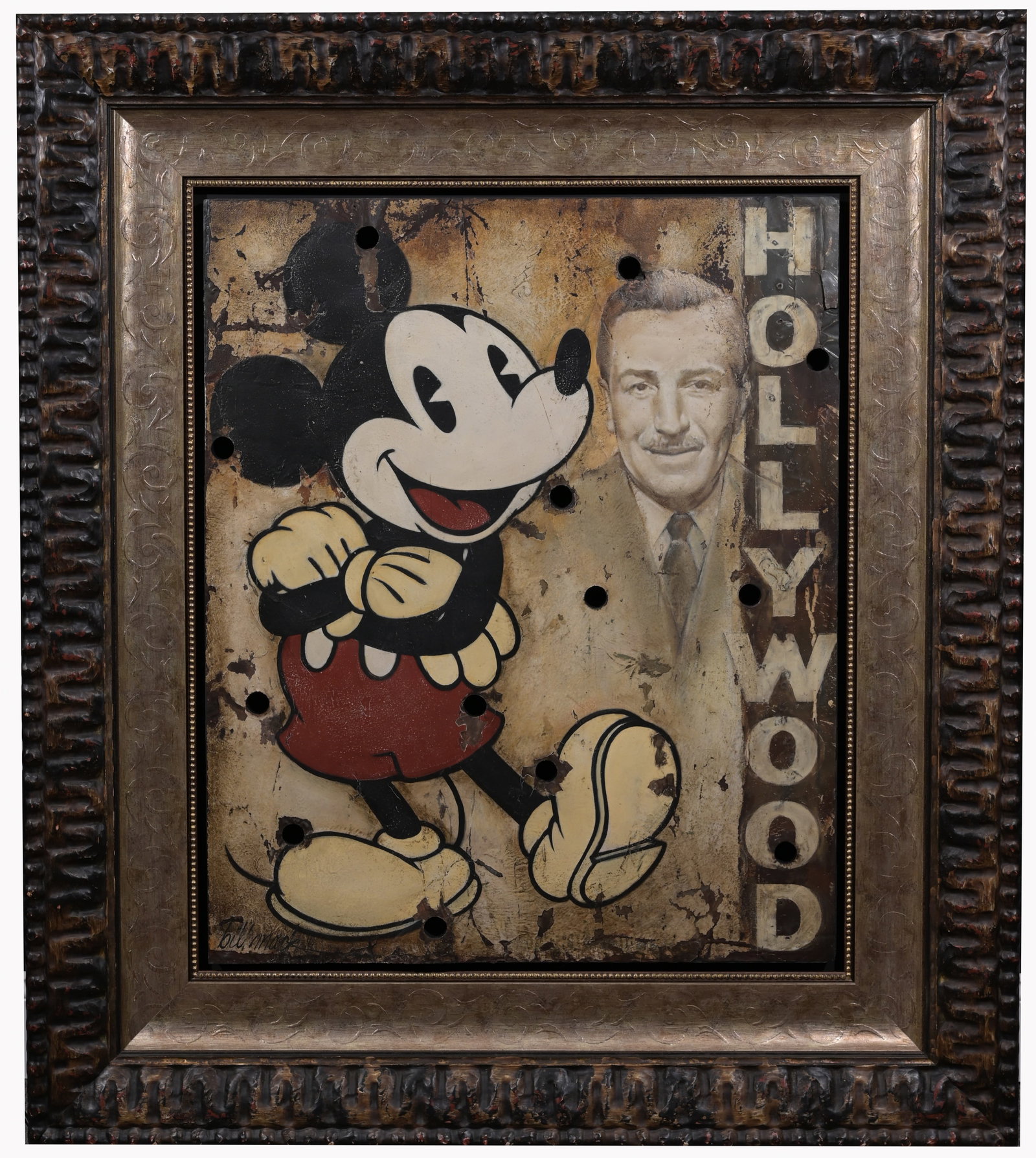 Bill Mack 'Mickey Mouse' Hollywood Sign: Bill Mack (American, B. 1944) 'Mickey and Walt Disney' - 2009 Handpainted Oil on Metal Panel from original Hollywood Sign. Signed lower left. Sight Size: 34 x 28 in. Overall Framed Size: 50 x 44.25 x