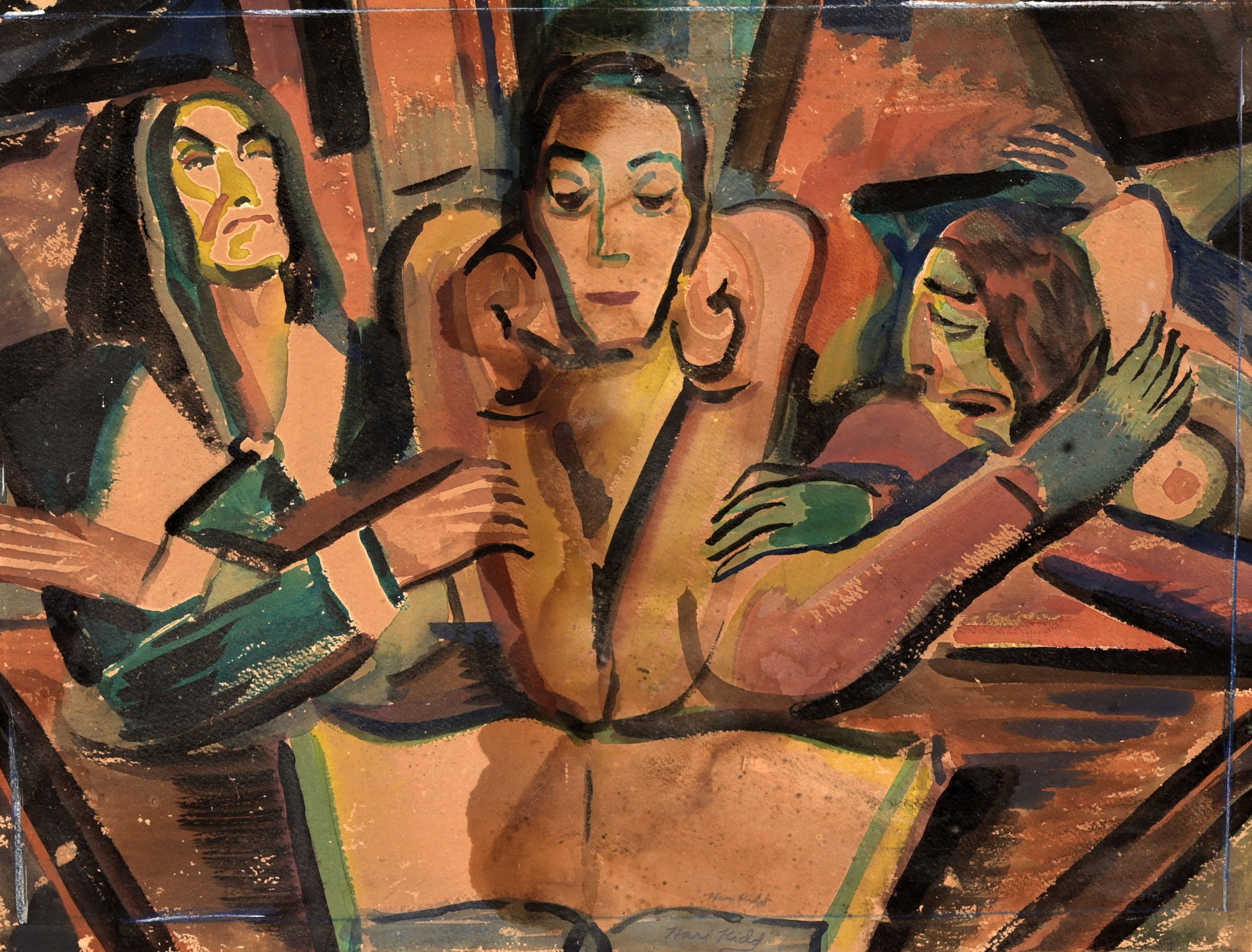 Hari Kidd (American, 1899 - 1964): Hari (Harry) Matthew Kidd (American, 1899 - 1964) Three Figures Reading Watercolor on Paper. Signed lower center. Sheet Size: 18 x 24 in. Unframed. While not a Texan native, Hari Kidd attended school