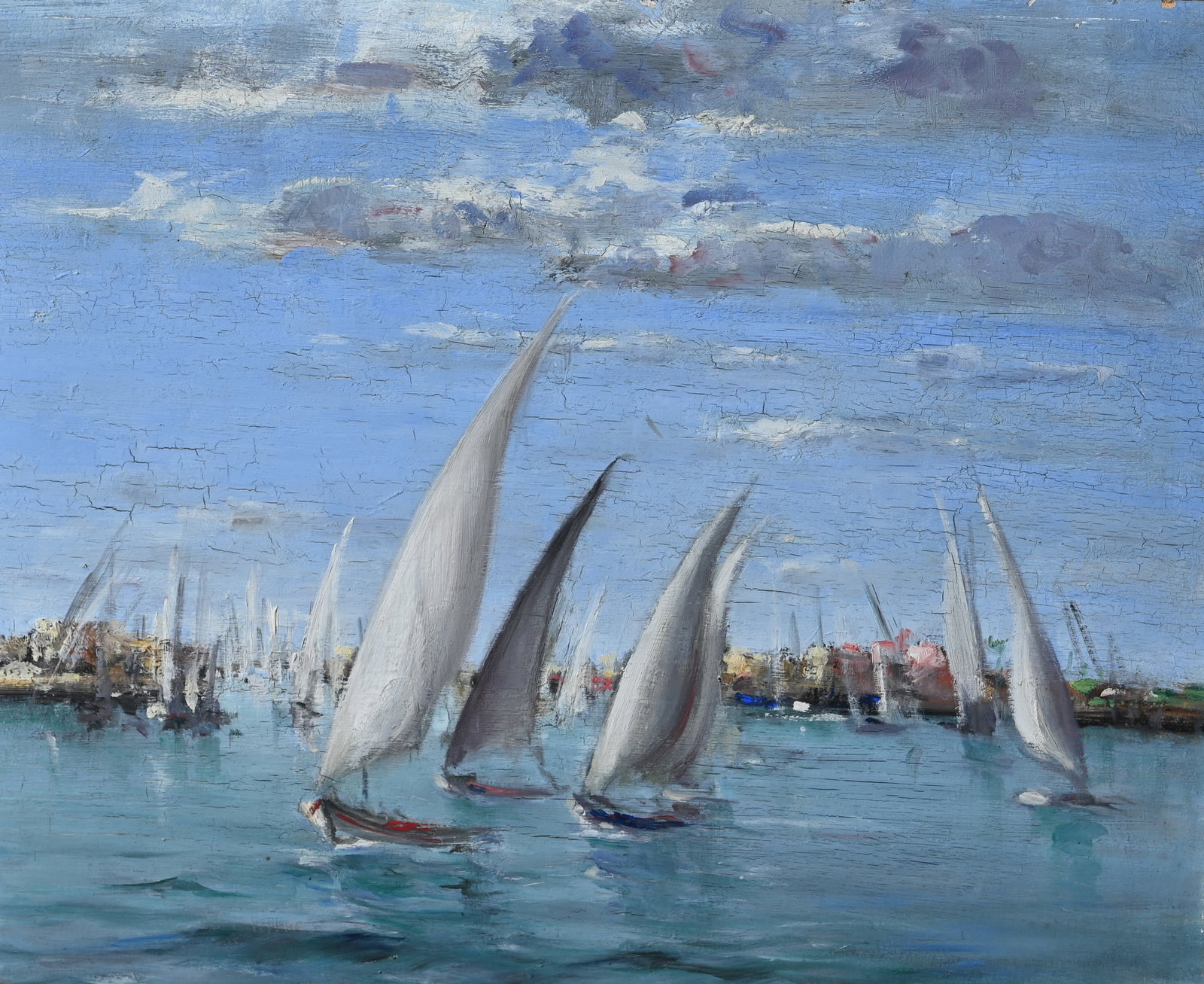 Georges-Hanna Sabbagh (1877 - 1951): Georges-Hanna Sabbagh (French, 1877 - 1951) Oil on Panel. Signed lower right. Old label verso, old inscription "...L'estuaire au Nil Ras el Bar 1943" upper right corner. Sight Size: 15 x 18 in. Overal