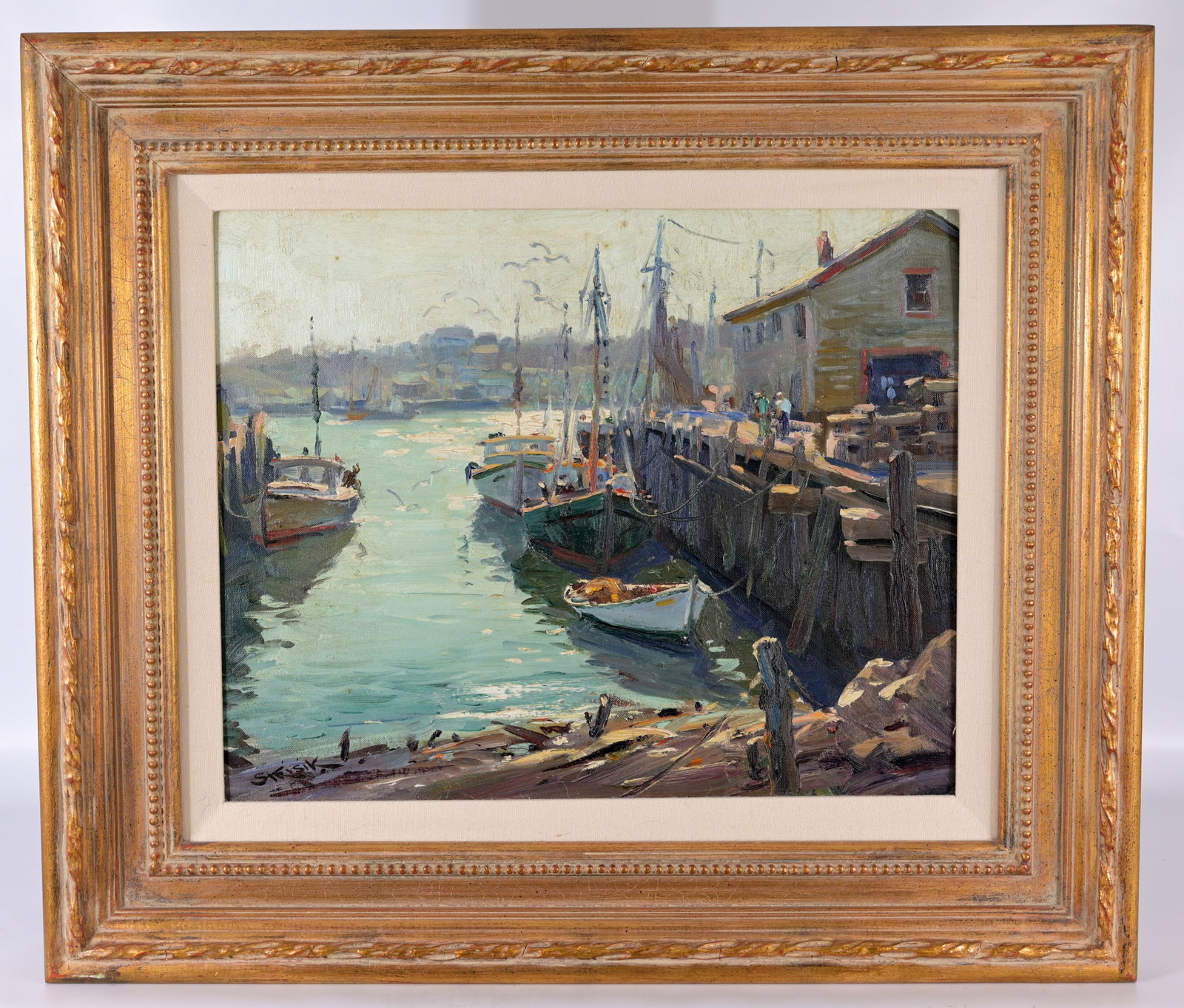 Paul Strisik (MA, 1918-1998) - "Gloucester Wharfs": Paul Strisik (American, 1918 - 1998) "Gloucester Wharks" - 1960 Oil on Canvas Board. Signed lower left. Paul Strisik Gallery label verso. Sight Size: 16 x 20 in. Overall Framed Size: 24.25 x 28.25 in.