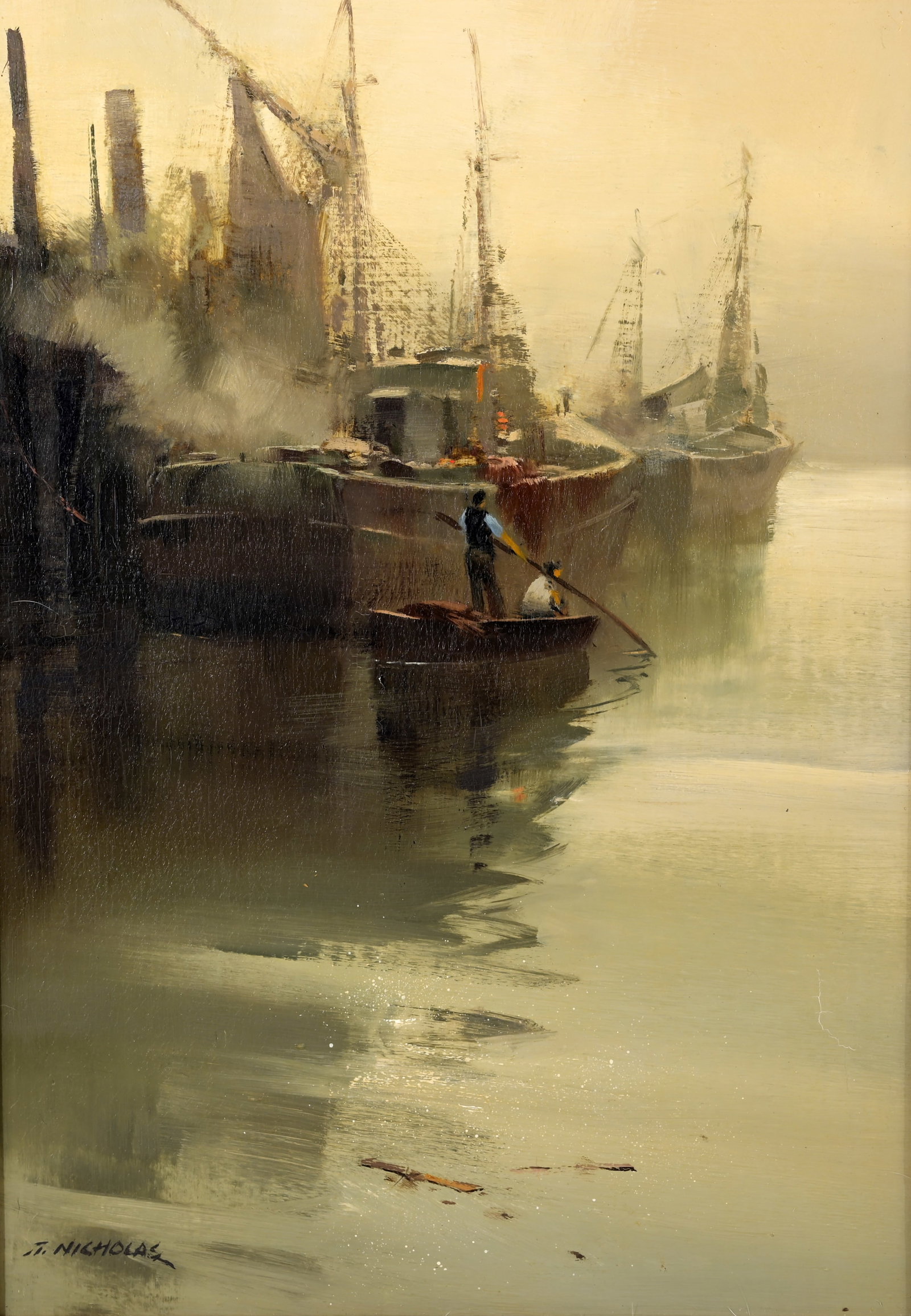 Tom Nicholas (CT, Born 1939) - Boat at Harbor: Tom Nicholas (American, b. 1934) Oil on Board. Signed lower left. Sight Size: 13.5 x 9.5 in. Overall Framed Size: 20 x 16 x 3 in.