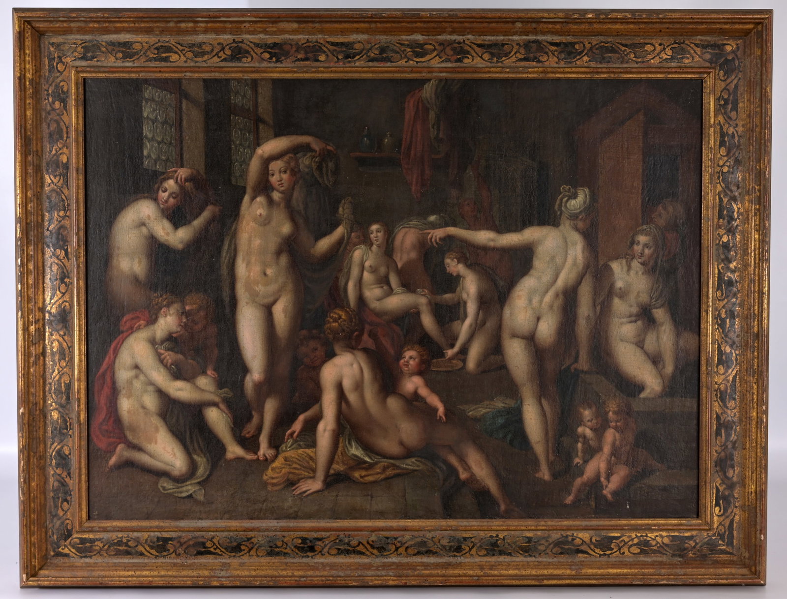 Attri. Giovanni Balducci (Italy, 1560 - 1630): Attributed Giovanni Balducci (Italy, 1560 - 1630) "Diana's Bath" Oil on Canvas. Has been relined. Sight Size: 21 x 29 in. Overall Framed Size: 27.5 x 35.75 in.