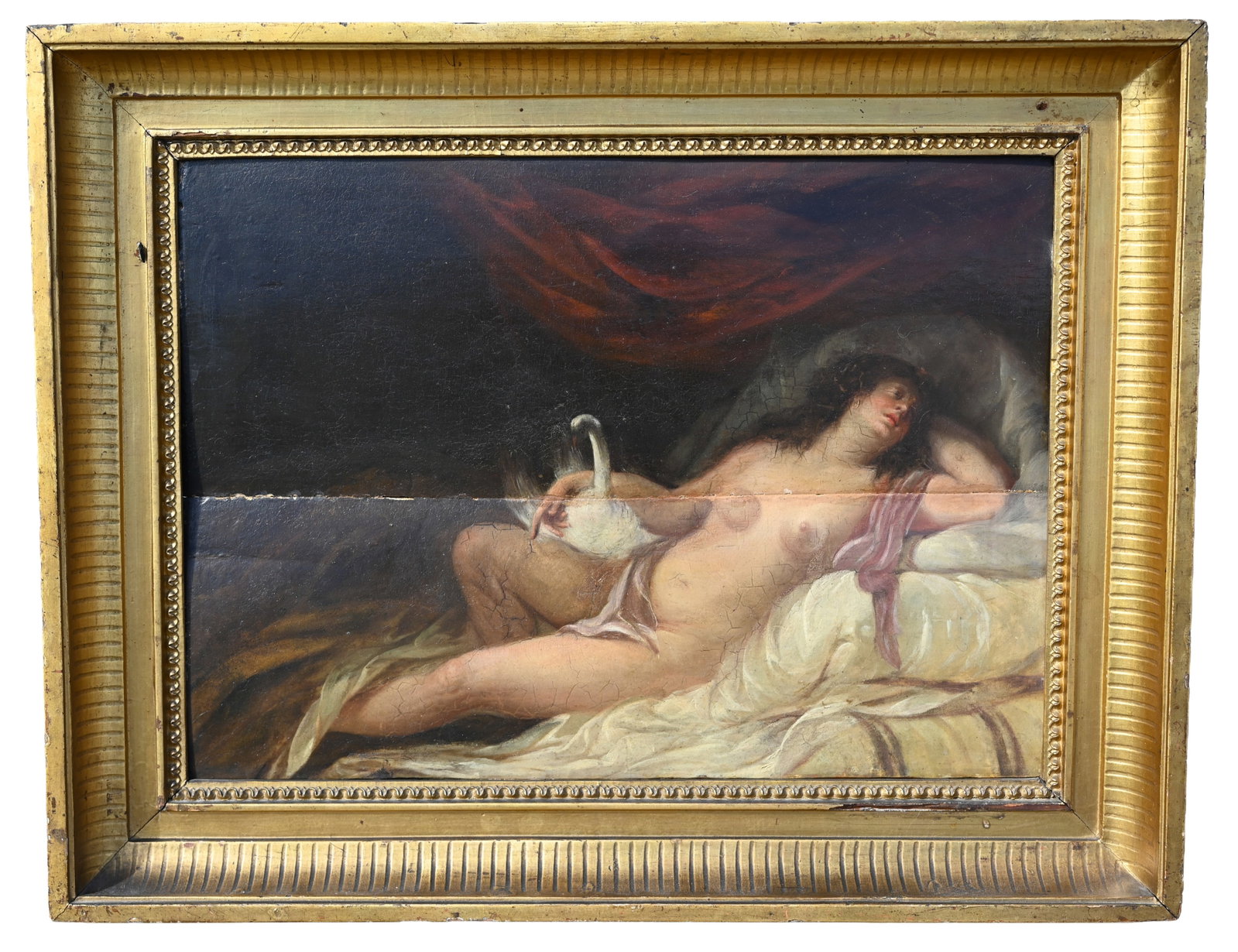 Attri. Jacob Jordaens - "Leda and the Swan": Attributed Jacob Jordaens (Flemish, 1593 - 1678) "Leda and the Swan" Oil on Board. Inscribed verso on panel. Sight Size: 16 x 22.75 in. Overall Framed Size: 22 x 28.25 x 3 in. Condition: horizontal sp