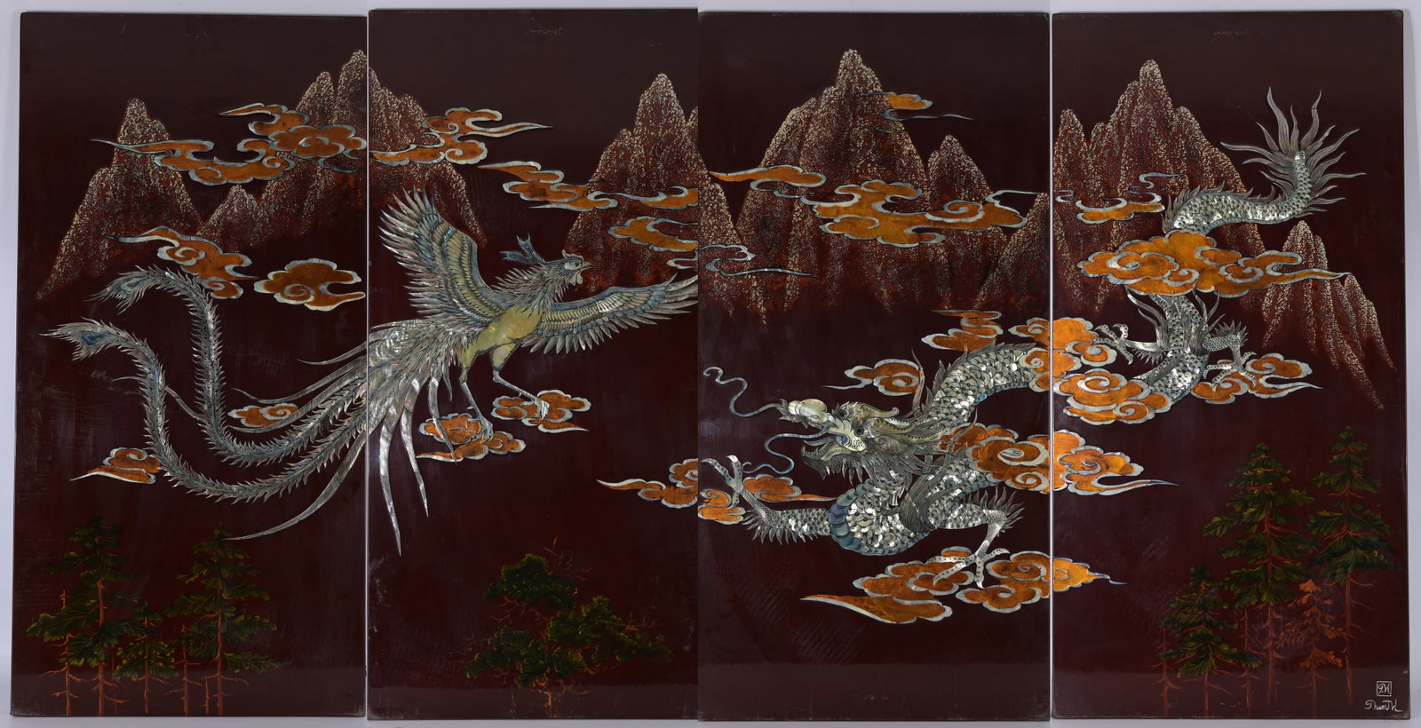 Tran Van Ha (Vietnamese, 1911 - 1974): Tran Van Ha (Vietnamese, 1911 - 1974) 4-Panel Lacquered with mother of pearl inlay and gold highlights. Screen. Signed lower right panel. Panel Size: 39.25 x 19.25 in. Overall Size: 39.25 x 77 in. - E