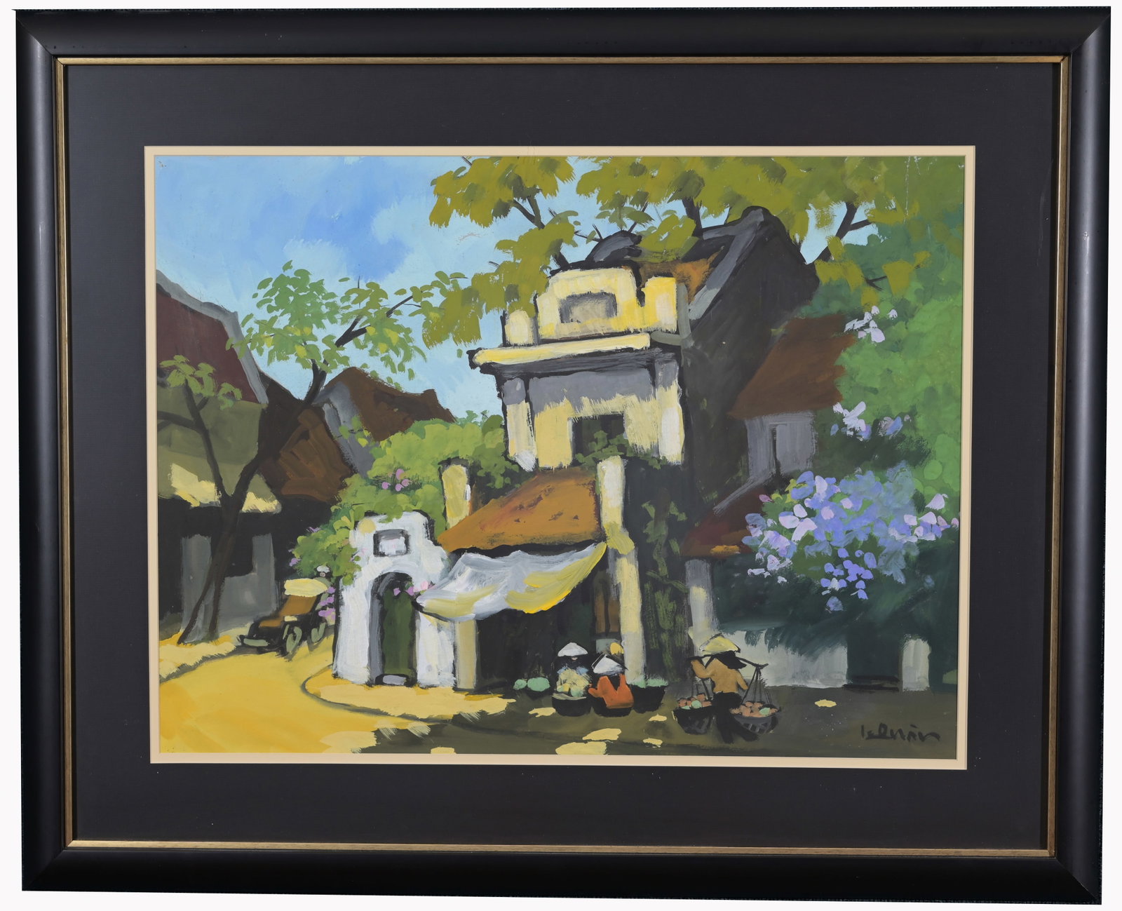 Vietnamese School, Painting of Village, Signed.: Vietnamese School, Painting of Village, Signed. Gouache. Signed lower right. Sight Size: 20.5 x 27.5 in. Overall Framed Size: 30 x 38 in. Framed behind glass.