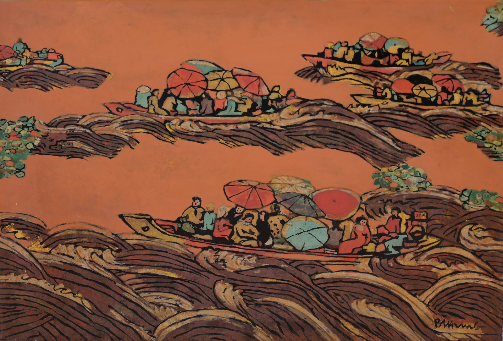 Bui Tan Hung - "Wedding on the River": Bui Tan Hung (Vietnamese, 20th C.) "Wedding on the River" Lacquered Panel. Signed lower right. Label verso. Panel Size: 24 x 36 in.