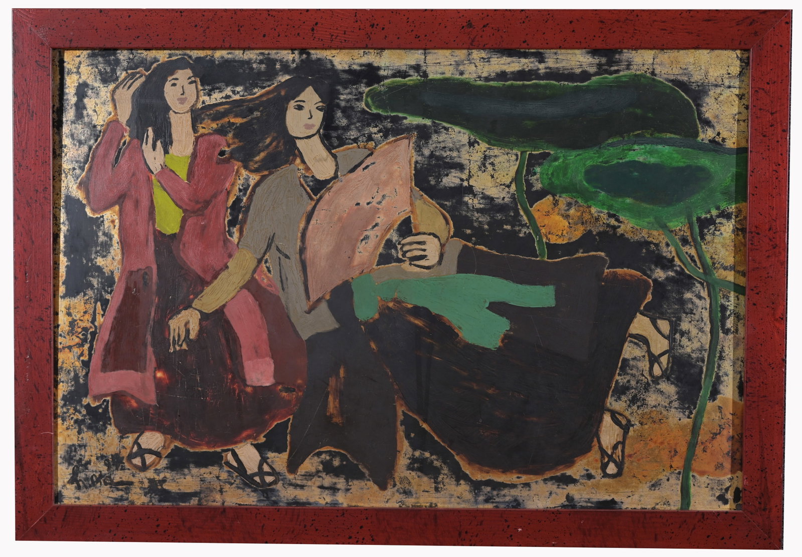 Bui Suoi Hoa (Vietnamese, B. 1957): Bui Suoi Hoa (Vietnamese, B. 1957) "Two Young Women" Lacquer on Wood. Signed lower left. Sight Size: 15.5 x 23.5 in. Overall Framed Size: 18.5 x 26.5 in.