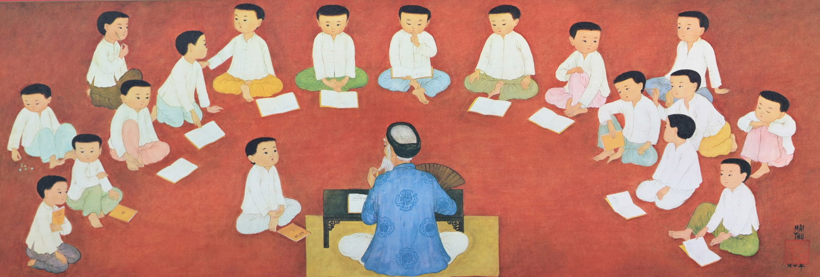 Mai Thu - "La Classe" Print: Mai Trung Thu (Vietnamese, 1906 - 1980) "La Classe" Color Print. Sight Size: 10 x 29.5 in. Matting Size: 14.5 x 34 in. Unframed.