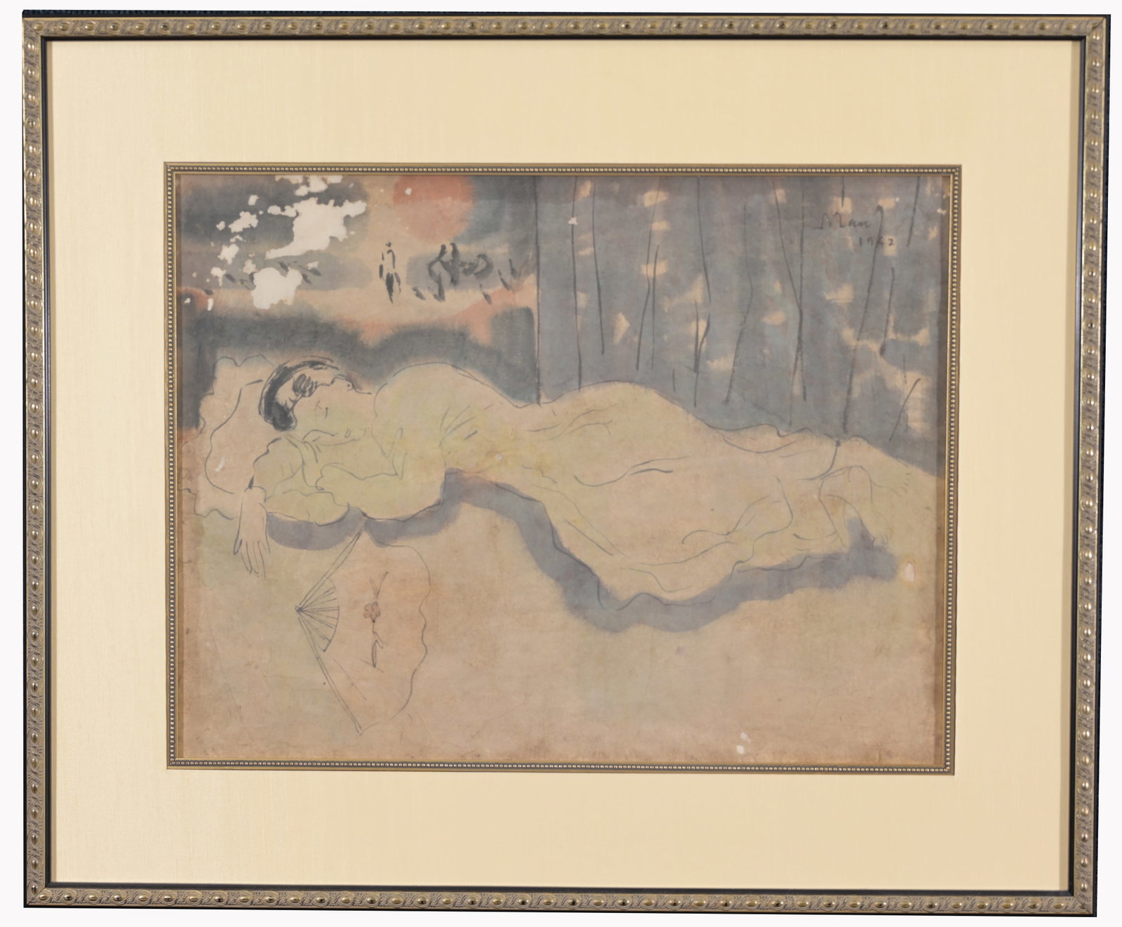1942 Vietnamese School, Reclining Figure, Signed: 1942 Vietnamese School, Reclining Figure, Signed. Watercolor/Gouache. Signed and dated (1942) upper right. Sight Size: 14 x 19 in. Overall Framed Size: 22 x 26.5 in. Framed behind glass.