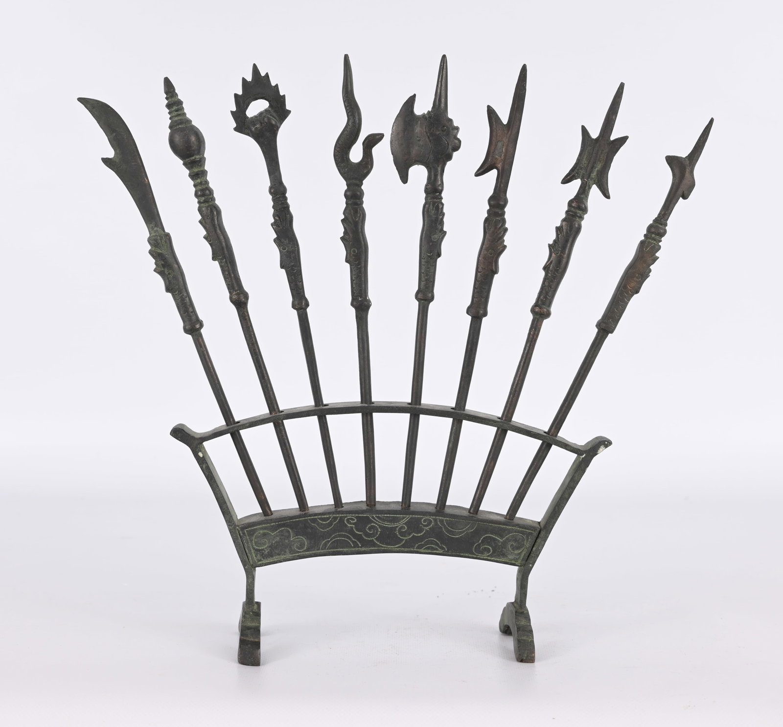 Miniature Antique Vietnamese Bronze weapon rack: Antique Miniature Vietnamese traditional weapon rack. It features eight distinct miniature ceremonial polearms, halberds, and spears displayed fan-style in a curved bronze stand. Overall Height: 12