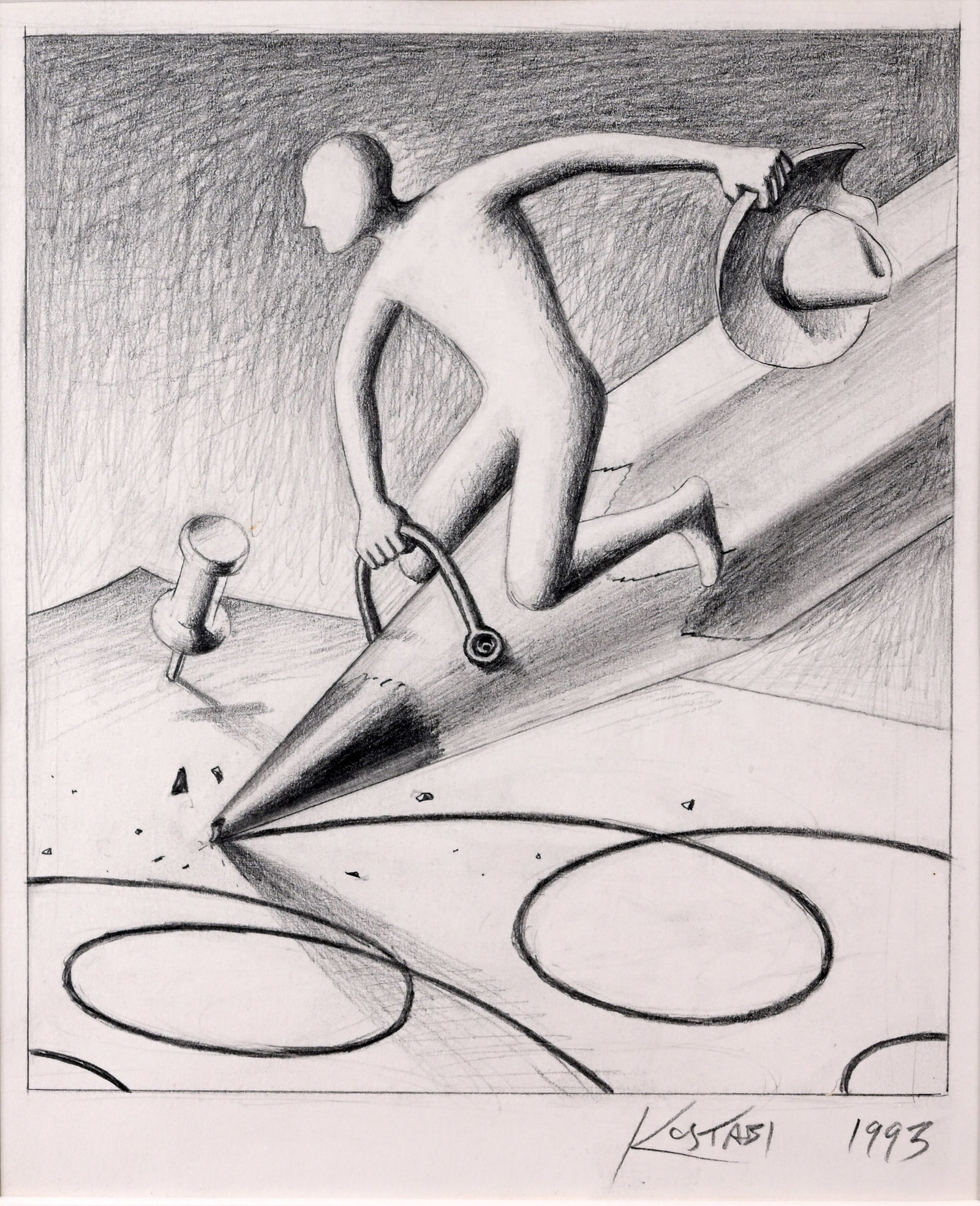 Mark Kostabi (b. 1960) "Rough Rider/Tough Writer": Mark Kostabi (American, b. 1960) "Rough Rider/Tough Writer" Pencil on Paper. Signed and dated (1993) lower right. Gallery label verso. Sight Size: 8.5 x 7 in. Overall Framed Size: 15.5 x 14 in. Framed