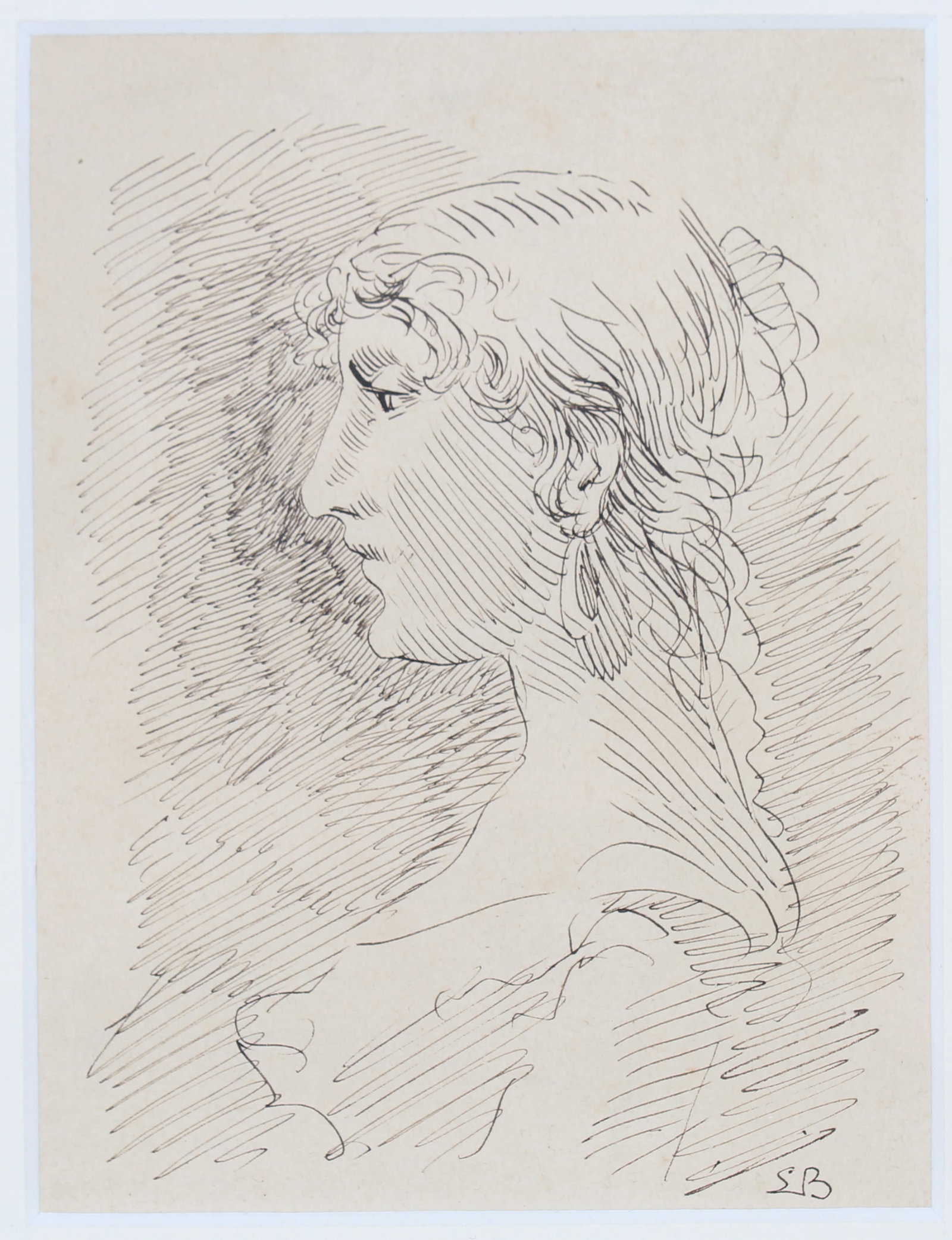 18th/19th C. European Ink Drawing, Initialed: 18th/19th C. European Ink Drawing of an Elegant Lady. Ink on Paper. Bears signature lower right. Image Size: 5 x 3.75 in. Overall Framed Size: 10.25 x 9.25 in. Framed behind plexi-glass.