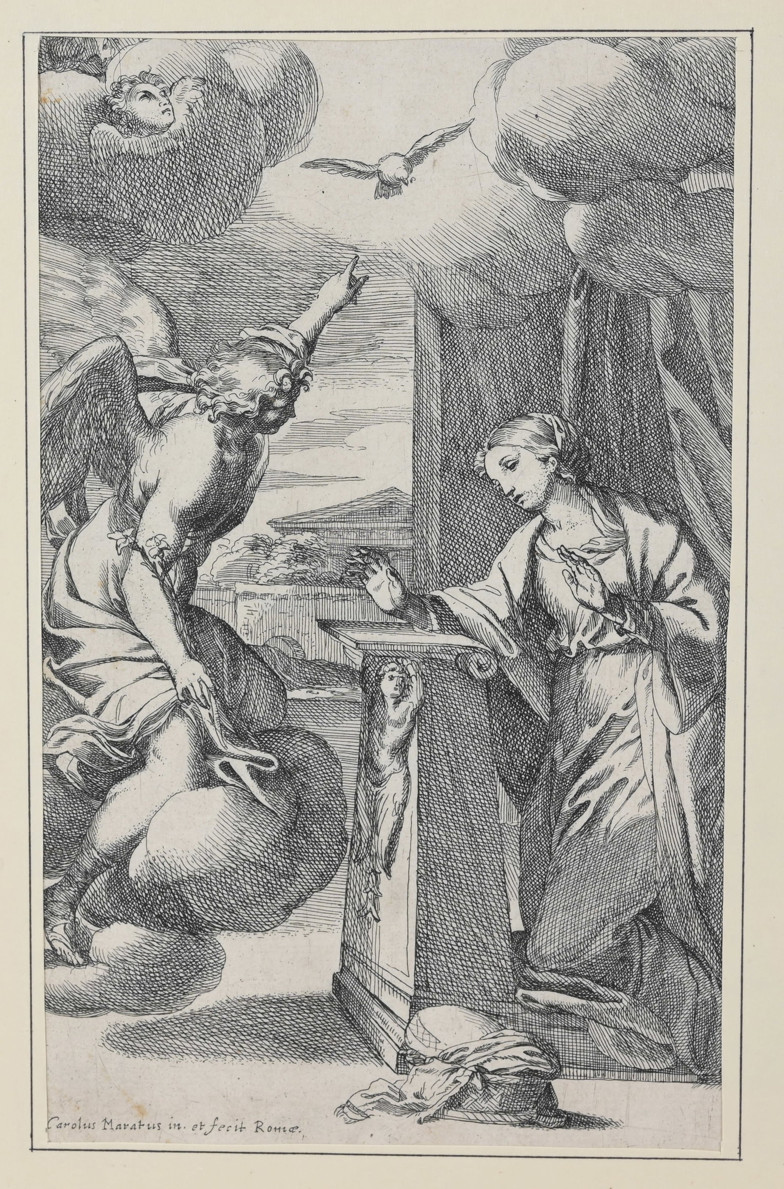 After Carlo Maratta "The Annunciation" Etching: After Carlo Maratta (Italian, 1625 - 1713) "The Annunciation" Etching. Signed in plate. Sight Size: 8 x 5 in. Overall Framed Size: 13 x 10.5 in. Framed behind glass.