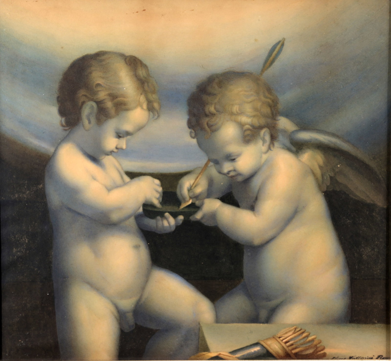 Eliseo Tuderte Fattorini (1830-1887): Eliseo Tuderte Fattorini (1830-1887) Cupid Sharpening his Arrows Watercolor. Signed lower right. Housed in the original gilt frame. Sight Size: 13.25 x 14.5 in. Overall Framed Size: 23 x 24.25 x 3.25 
