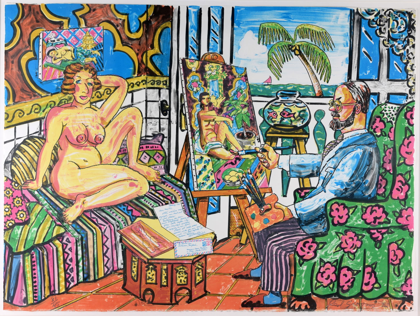 Red Grooms (b. 1937) "Matisse in Nice": Red Grooms (American, b. 1937) "Matisse in Nice" Color Lithograph. Pencil signed, dated ('92), and numbered (31/45) lower margin. Published by Shark's Inc., Lyons, Colorado Sight Size: 22.25 x 30 in. 