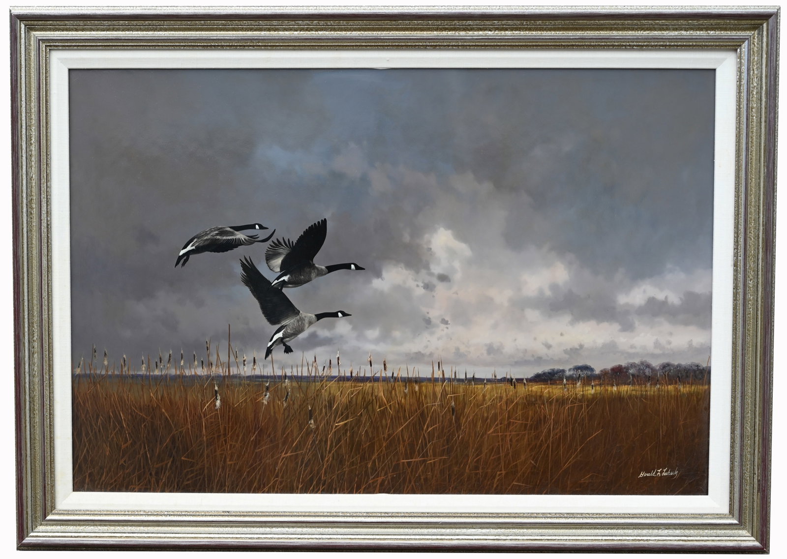 Gerald Lubeck (American, 1942 - 2019): Gerald Lubeck (American, 1942 - 2019) Geese in Flight Oil on Masonite. Signed lower right. Sight Size: 24 x 36 in. Overall Framed Size: 30.25 x 42.25 in.