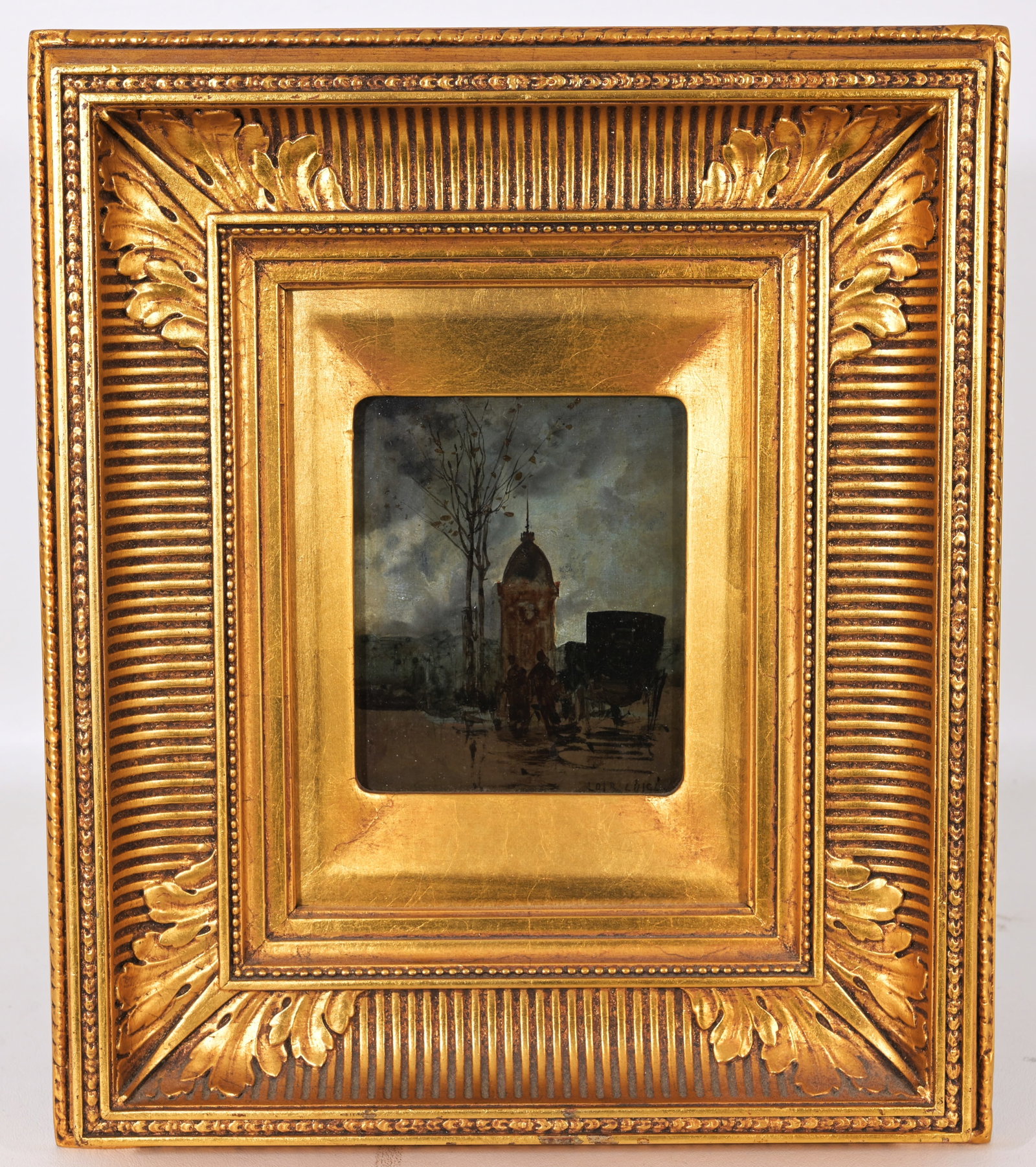 Luigi Loir (1845 - 1916) "Rue Royale": Luigi Loir (France, Austria, Italy, 1845 - 1916) "Rue Royale" Oil on panel painting of Paris France. Signed lower right. Inscribed verso. Housed in a gilt/wood fluted cove frame. Sight Size: 5.25 x 4.
