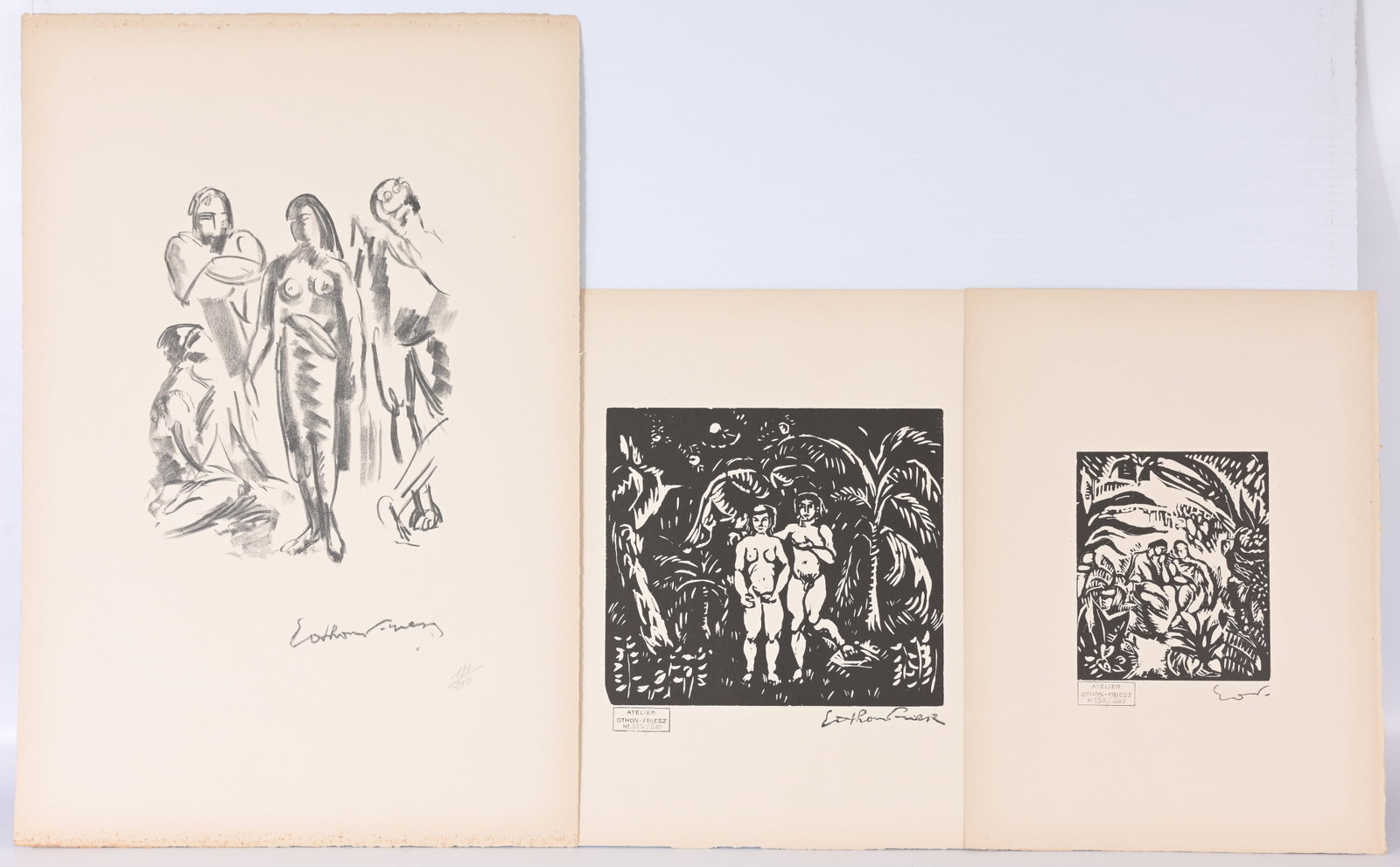 (3) Othon Friesz - Lithographs: After Archille-Emile Othon Friesz (French, 1879 - 1949) "Les baigneuses" "Adam and Eve in Paradise" "Adam and Eve" Lithographs. Signed in plate lower right. Studio stamp lower left, pencil numbered. I