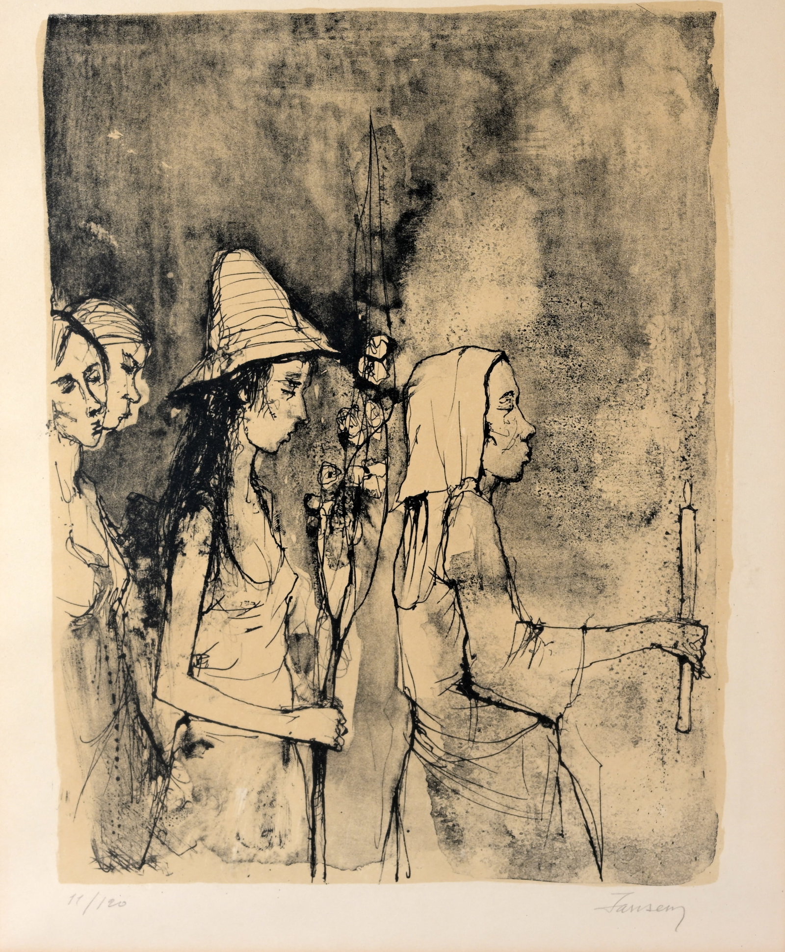 Jean Jansem (1920 - 2013) "The Procession": Jean Jansem (France, 1920 - 2013) "The Procession" Color Lithograph. Pencil signed and numbered (11/120) lower margin. Sight Size: 13 x 10 in. Overall Framed Size: 21.5 x 18.5 in. Framed behind glass.