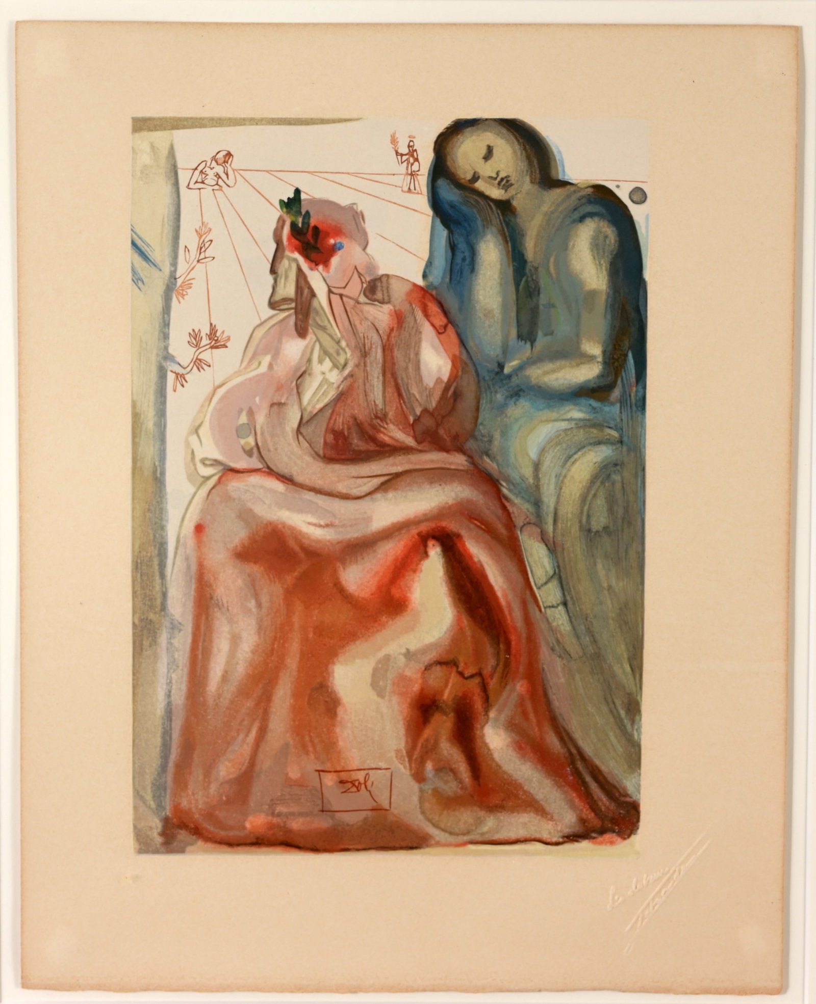 Salvador Dali - "The Confession of Dante": Salvador Dali (Spanish,1904 - 1989) "The Confession of Dante" - 1963 Color Woodblock. Embossed lower right. Sheet Size: 13 x 10.25 in. Overall Framed Size: 27.25 x 25 in. Framed behind glass. The Conf