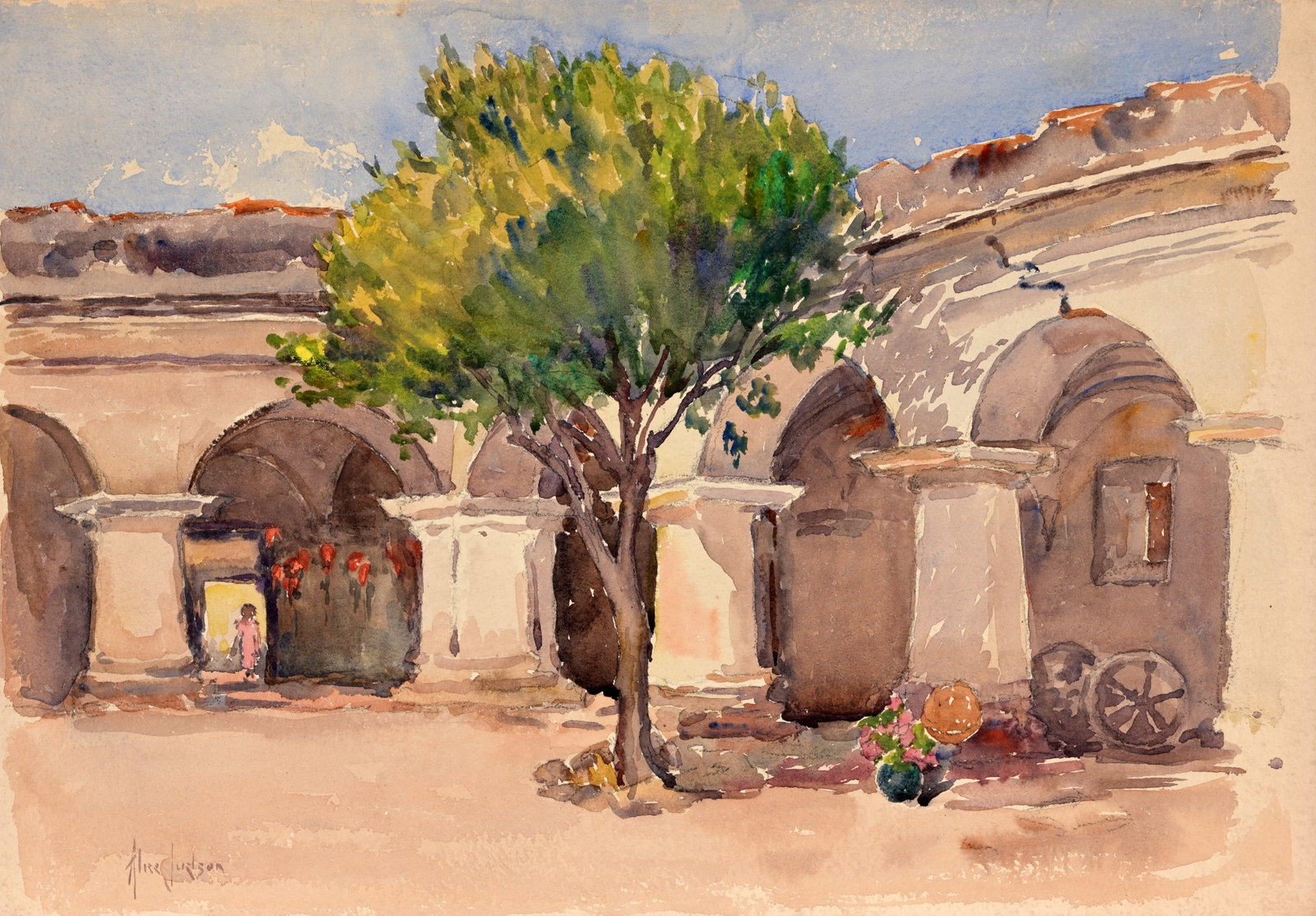 Alice Judson (1876 - 1948) "Antigua": Alice Judson (American, 1876 - 1948) "Antigua" Watercolor on Paper. Signed lower left. Titled verso. Sheet Size: 14 x 20.25 in. Unframed.