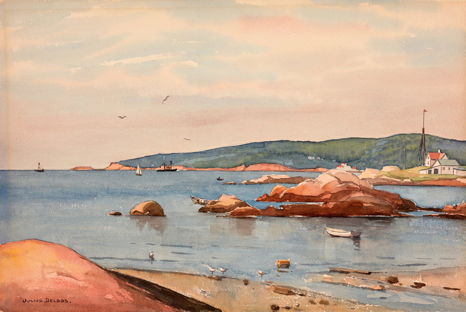Julius Delbos (American, 1879 - 1970): Julius Delbos (American, 1879 - 1970) Northeast Coastline Watercolor on Paper. Signed lower left. Sheet Size: 15.5 x 22.75 in. Unframed.